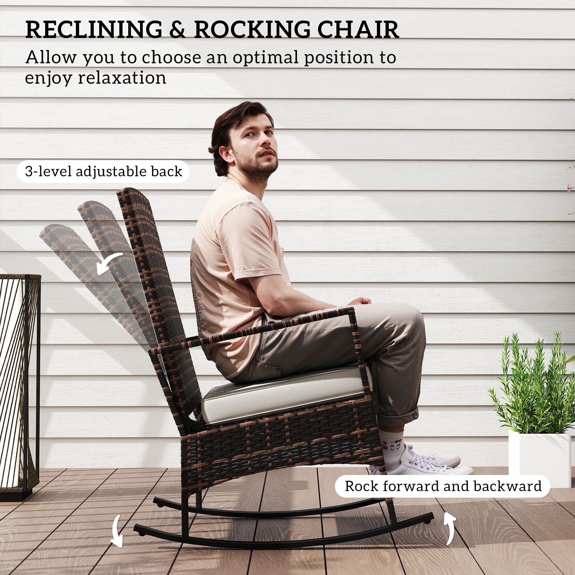 3 Piece Rocking Bistro Set, Wicker Patio Furniture with 3-Level Reclining High Back Rocking Chair and Glass Table, White - Image 2