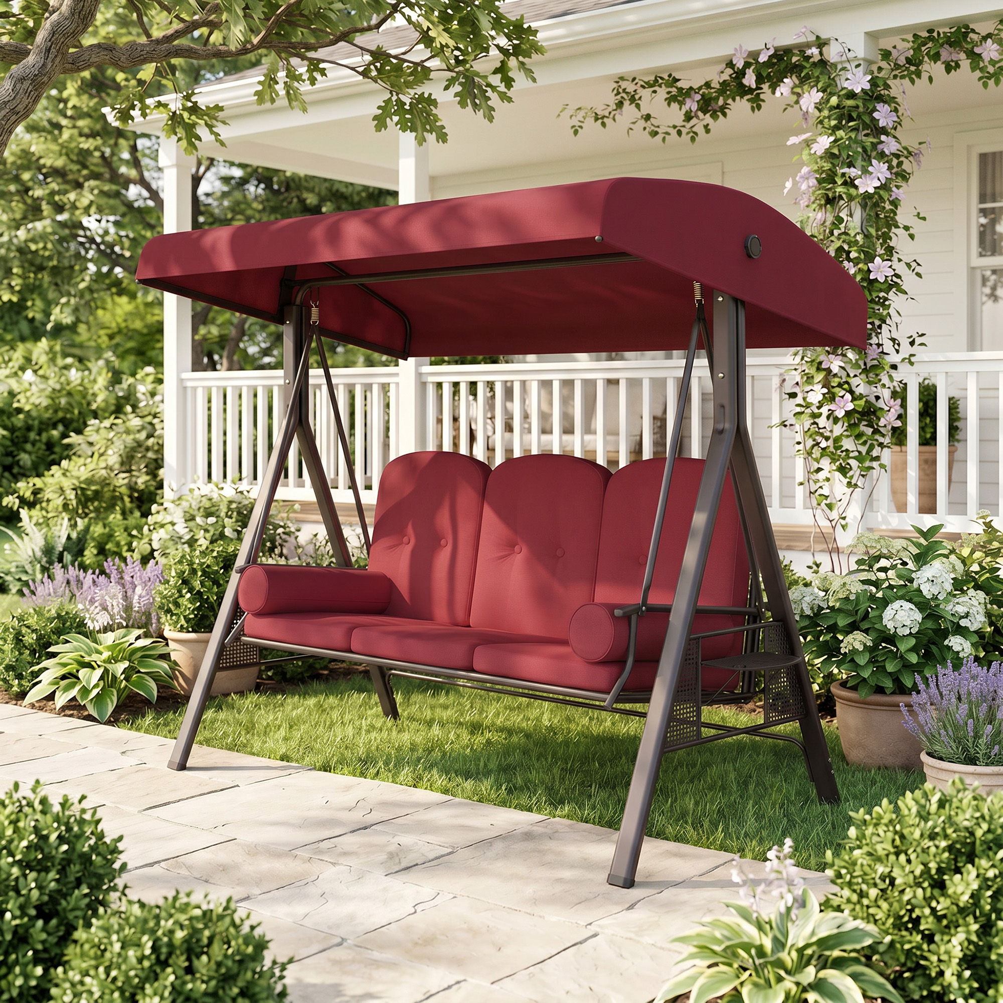 Outdoor Patio 3-Person Steel Canopy Cushioned Seat Bench Swing with Included Side Trays & Padded Comfort, Wine Red - Image 6