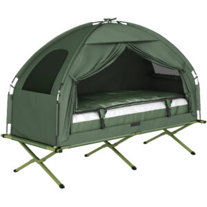4-in-1 Camping Cot Tent, 1-Person Off-Ground Bed with Air Mattress, Sleeping Bag & Pillow, Elevated Camping Shelter for Adults