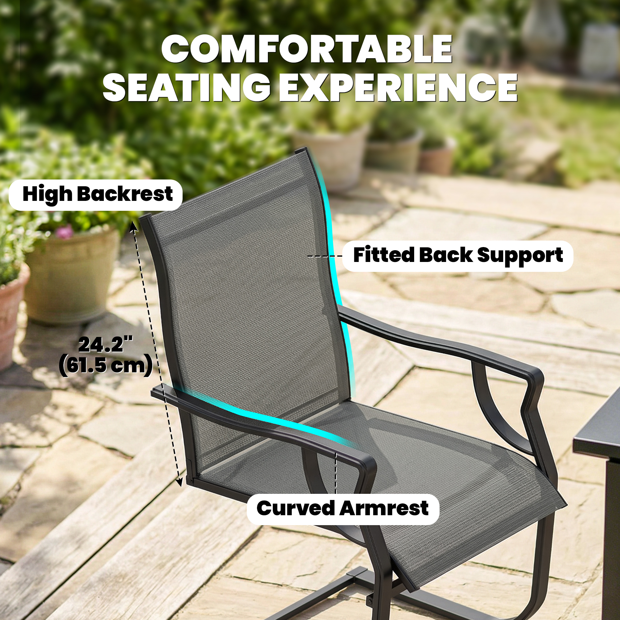 C Spring Motion Patio Chairs Set of 2 with Curved High Backrest, Armrest, All Weather Breathable Fabric, Metal Frame - Image 3