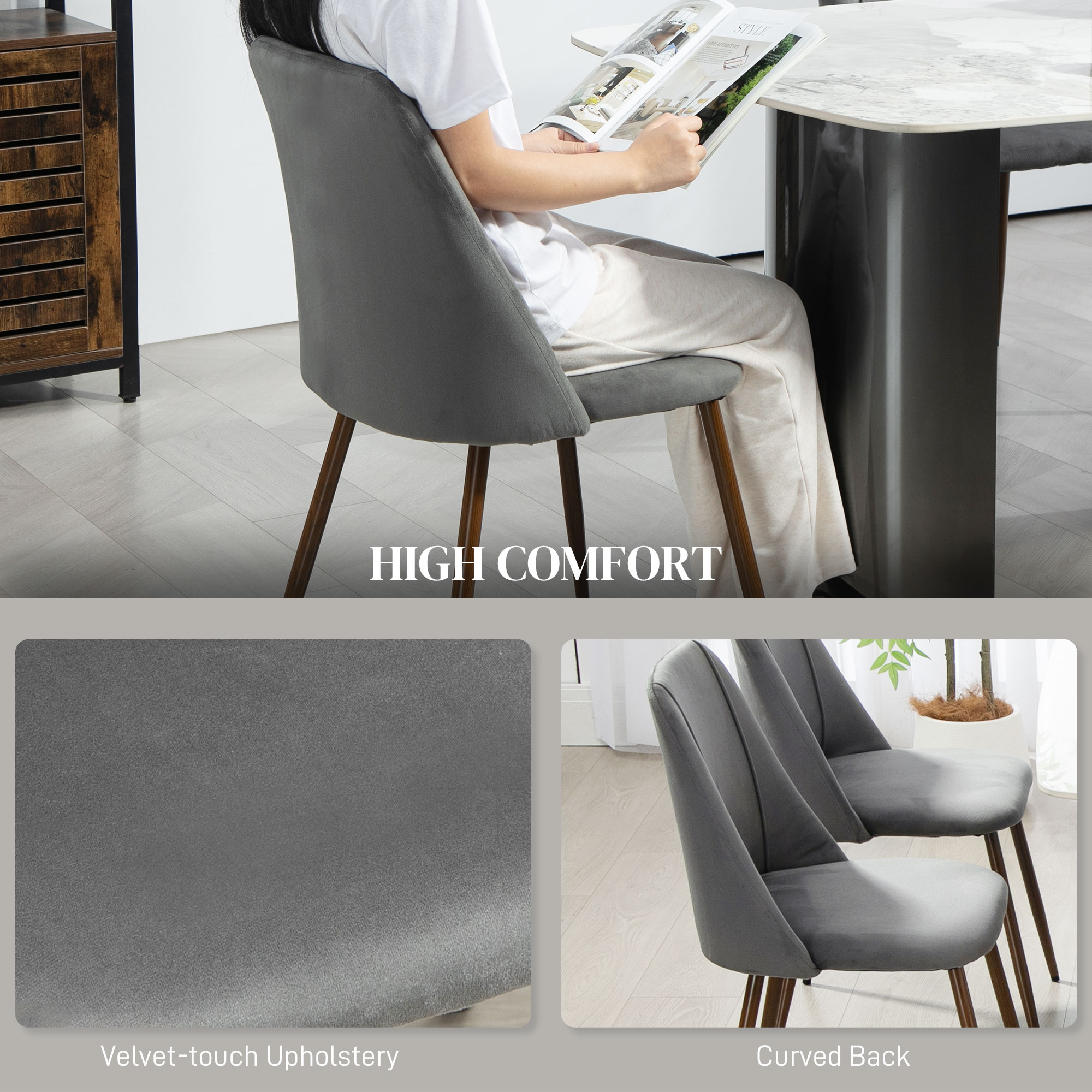 Upholstered Dining Chairs Set of 4, Velvet Accent Chair with Back and Wood-grain Steel Leg for Kitchen, Dark Grey - Image 3
