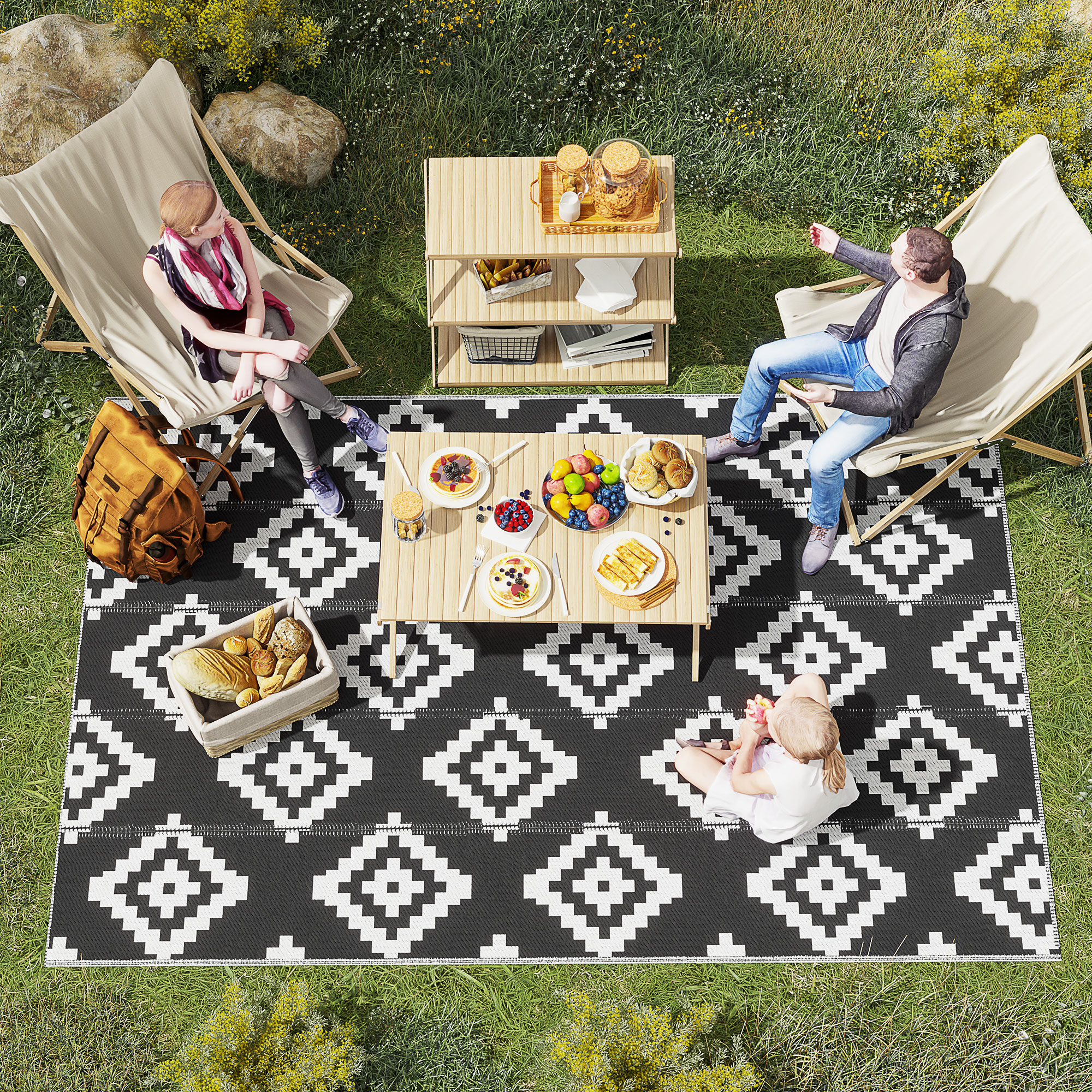 Reversible Outdoor RV Rug, Patio Floor Mat, 6' x 9' Plastic Straw Rug for Backyard, Deck, Beach, Camping, Black & White - Image 5