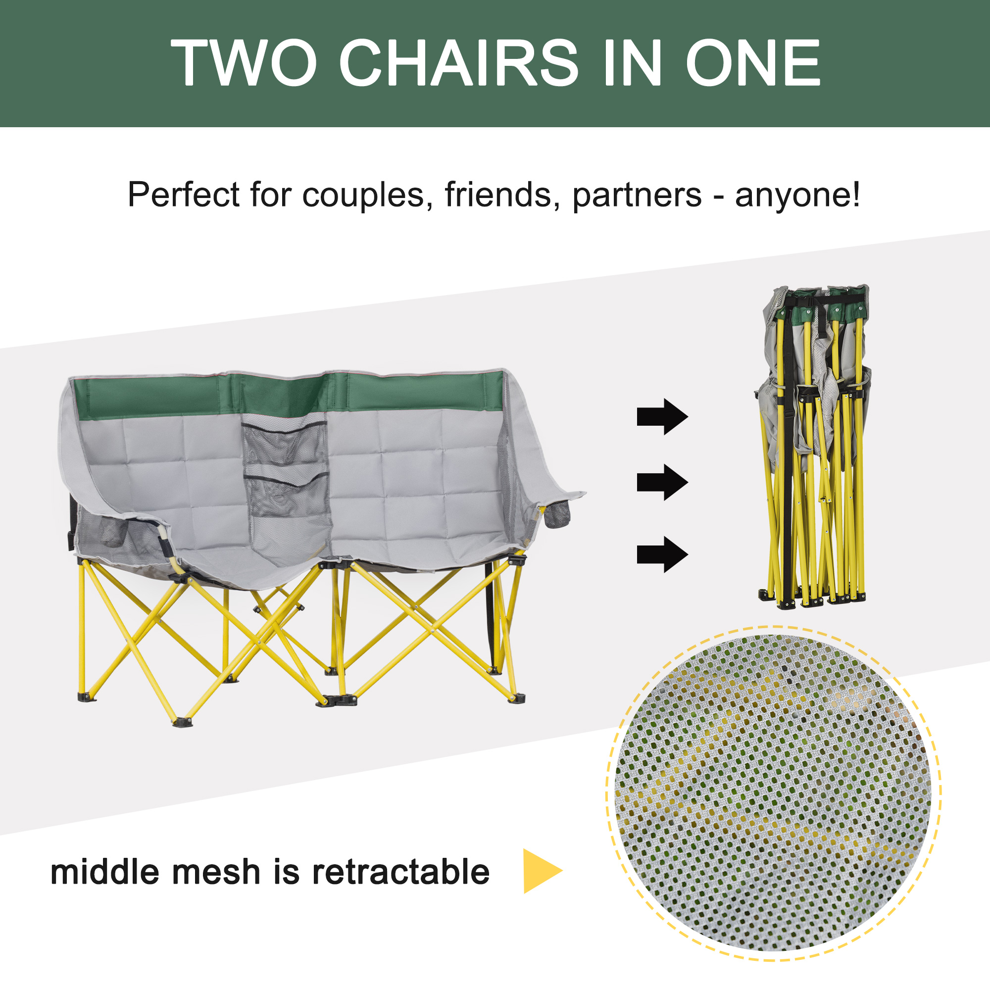 62" W Double Seat Camping Chair Folding Lawn Loveseat w/ Storage Pocket & Cup Holder Compact in a Bag for Outdoor, Beach, Picnic, Hiking, Travel, Green - Image 2