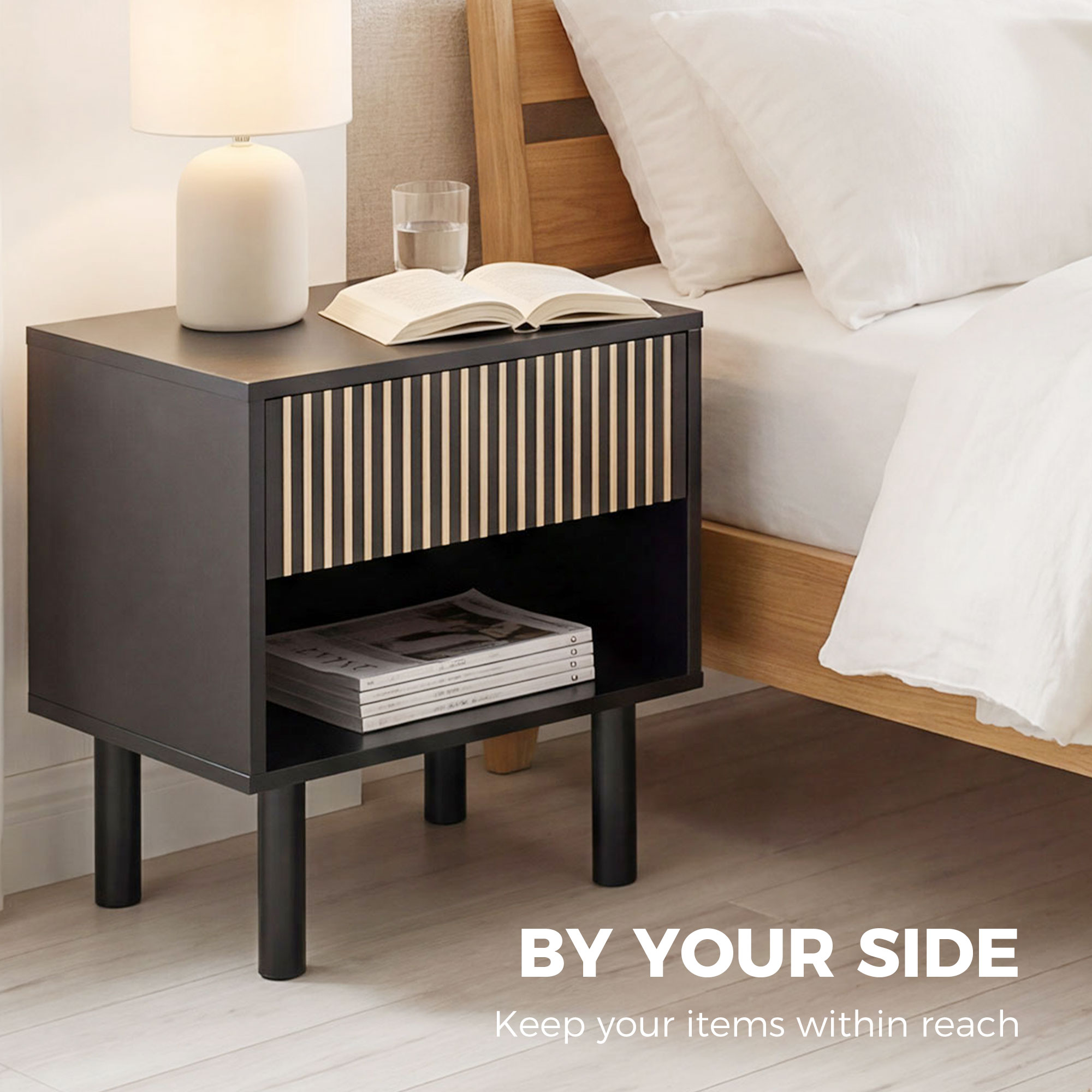 Modern Bedside Table with Drawer and Open Shelf, Sofa Side Table for Bedroom Living Room, Black - Image 2