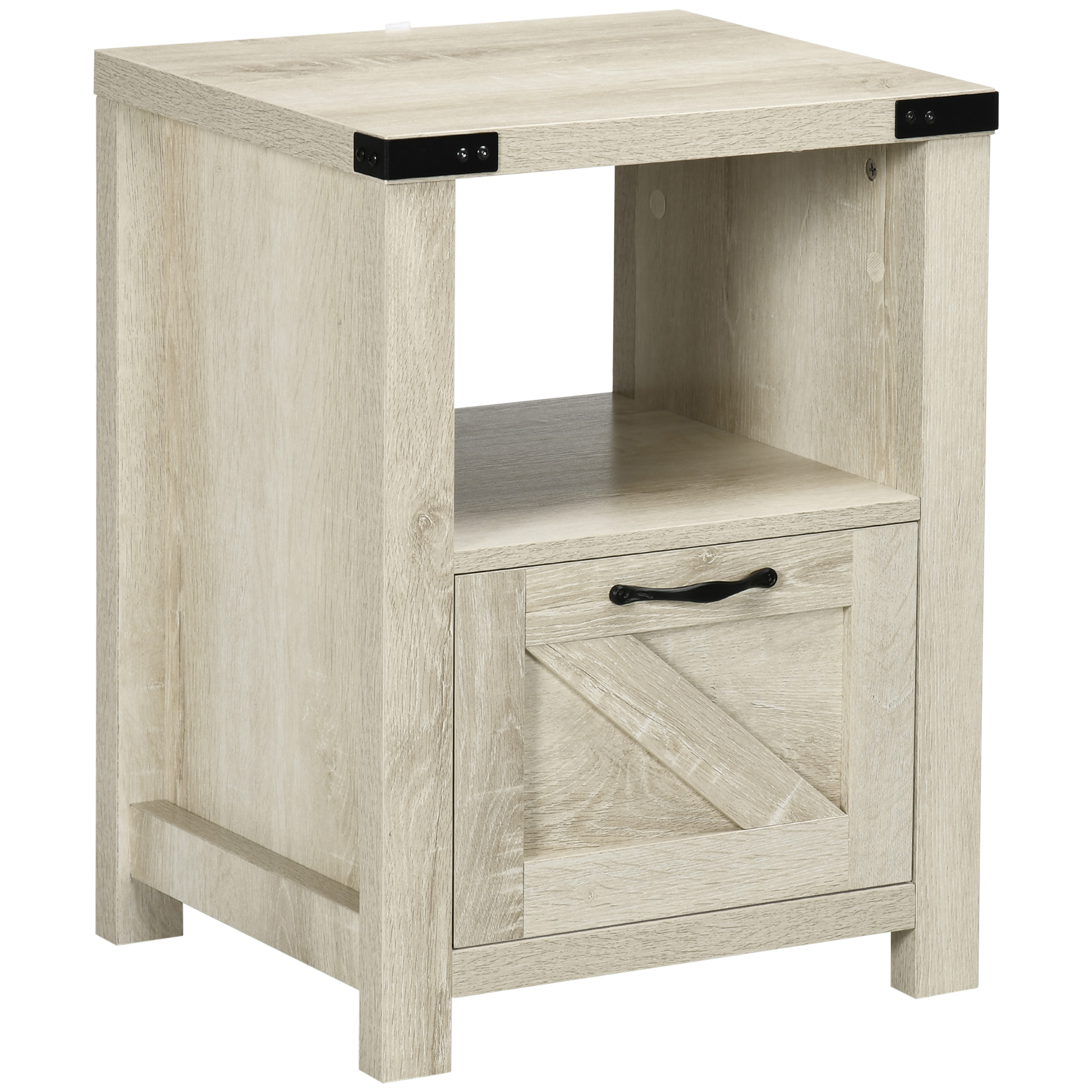 Side Table with Storage, Farmhouse End Table with Drawer, Open Shelf and Barn-style Panel, Nightstand for Living Room, Bedroom, Oak