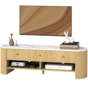 TV Stand, Modern TV Table with Marble-Effect Top, 3 Drawers and 2 Open Shelves for 32-65 Inch Television, Natural