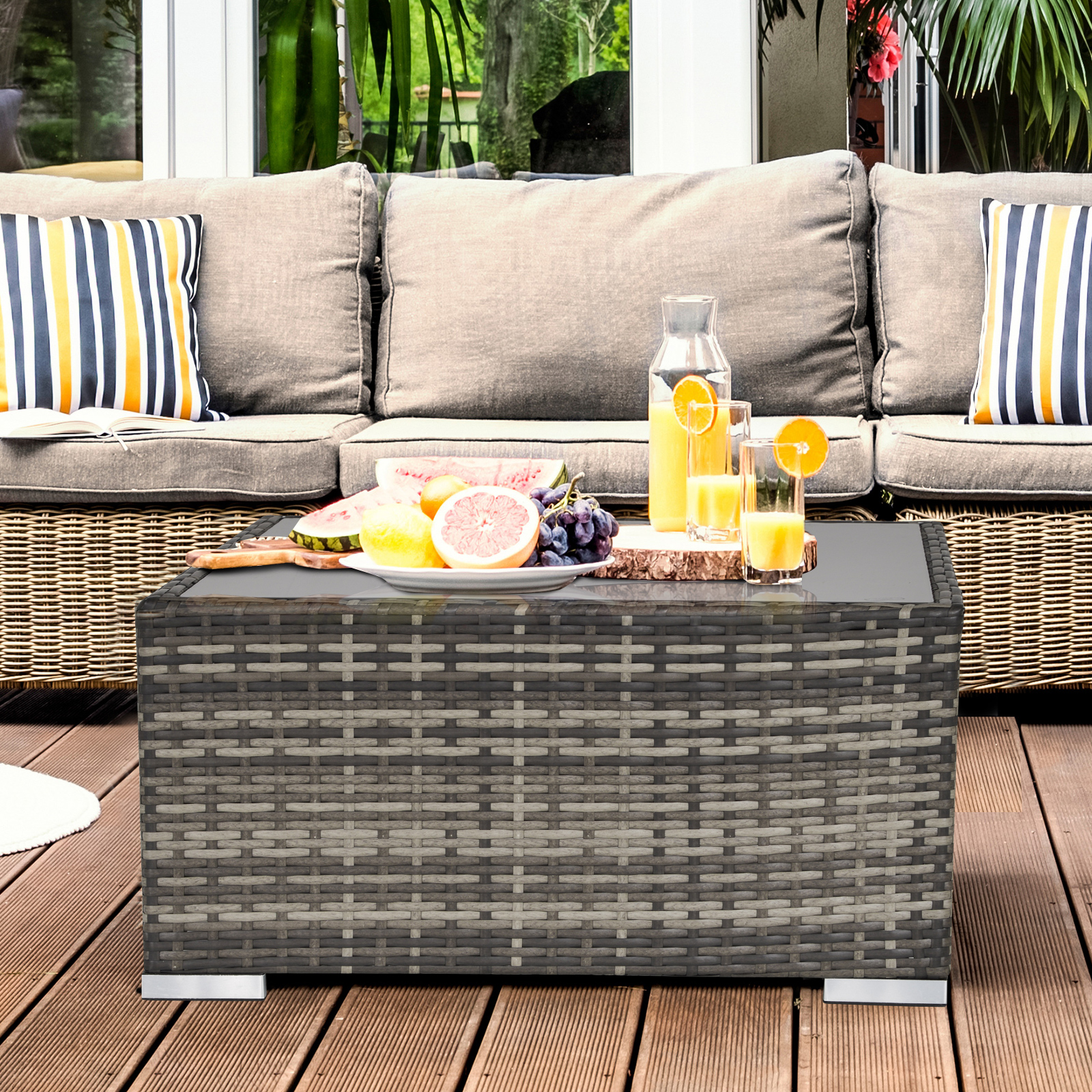 Rattan Garden Coffee Table, 25.6" Square Garden Rattan Table with Tempered Glass Top, Deep Grey - Image 6