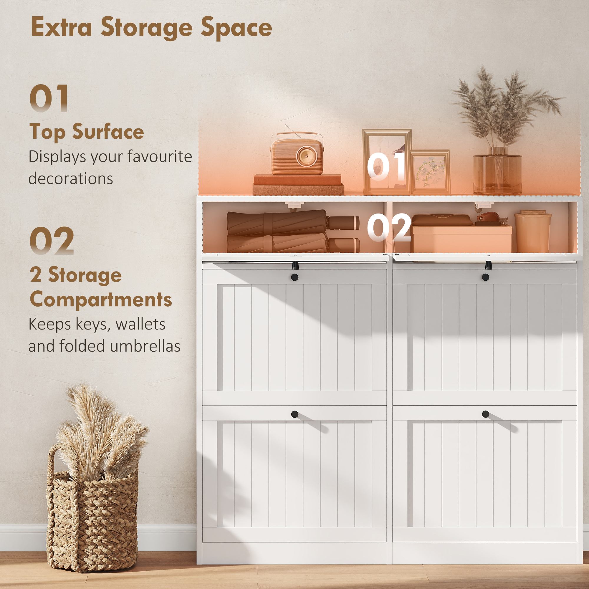 Shoe Cabinet with 2 Large Flip Drawers, Farmhouse Narrow Shoe Storage Cabinet with 2 Top Compartments, White - Image 5