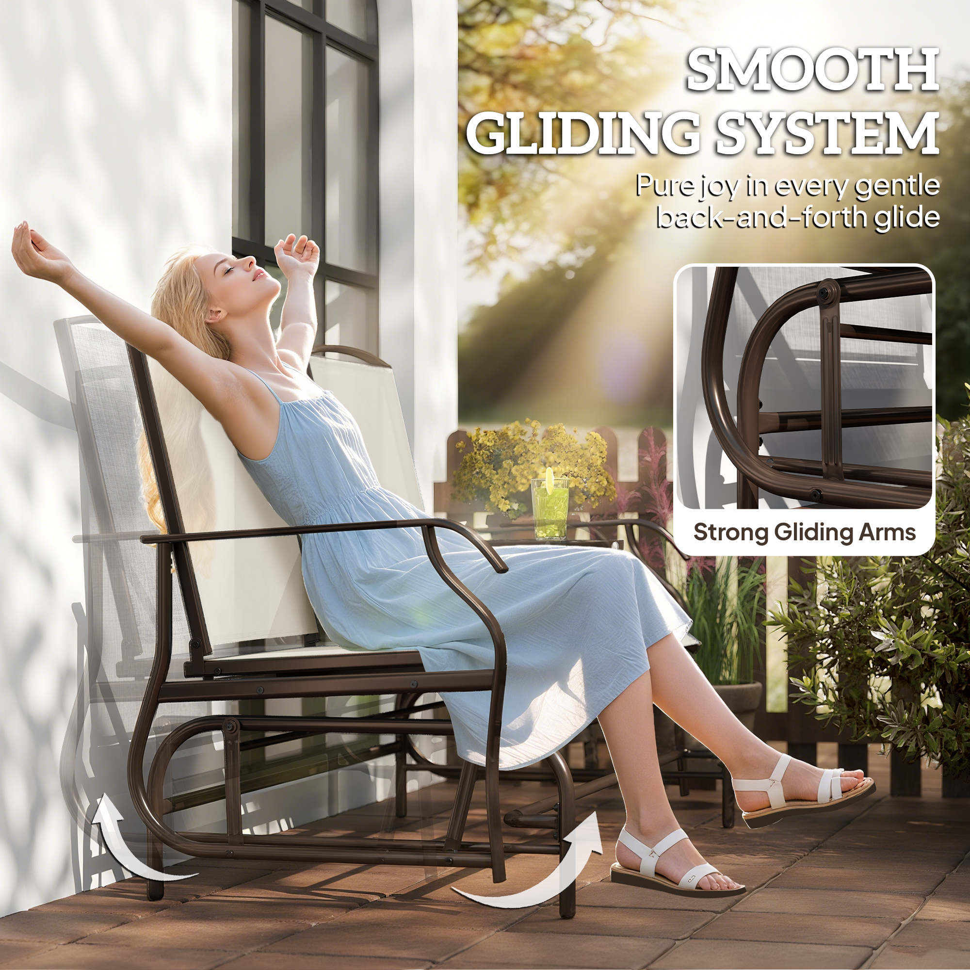 Patio Glider Rocking Chair 2 Person Outdoor Loveseat Rocker Garden Furniture Bench, Beige - Image 2