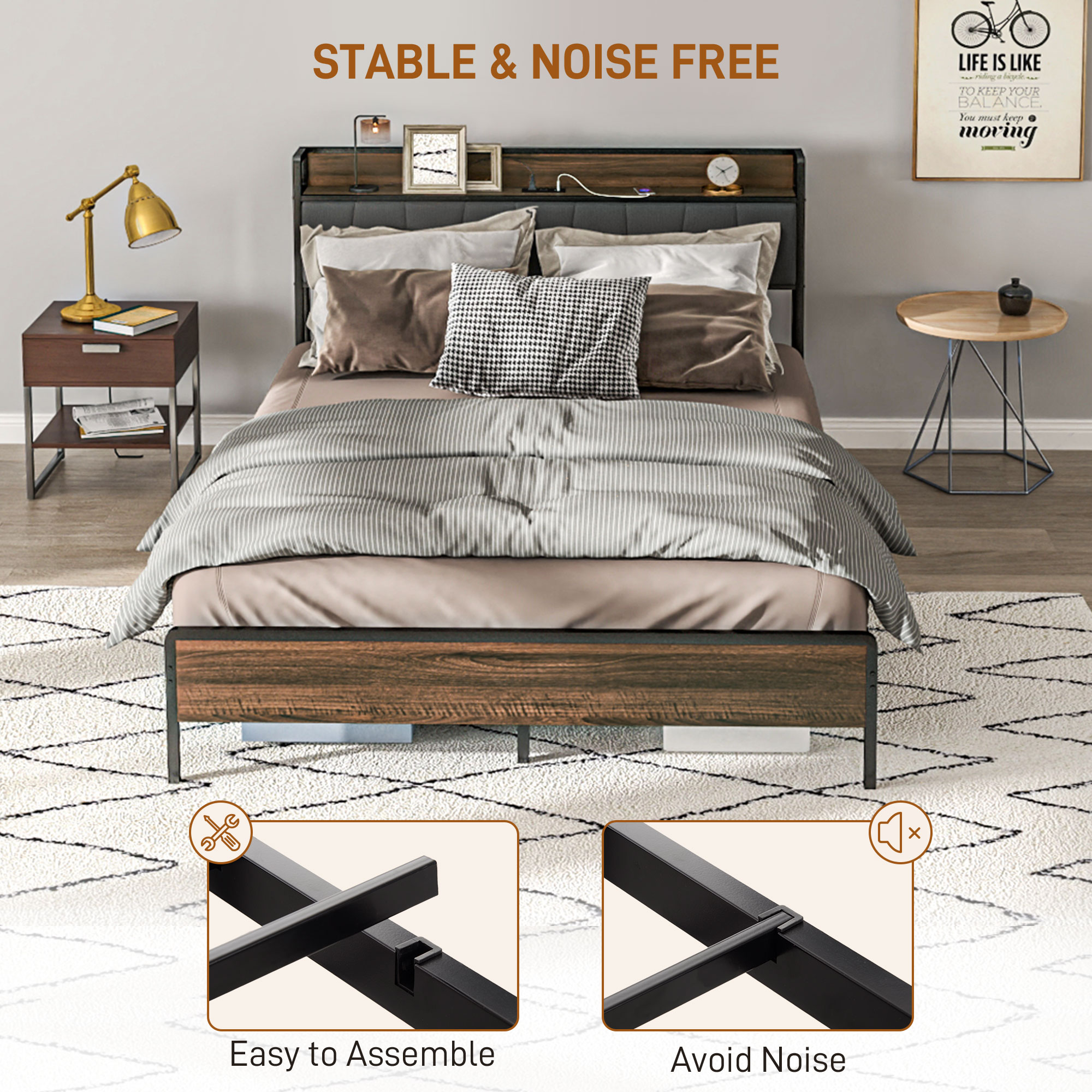 Queen Size Bed Frame with Charging Station, Queen Bed Frame with Upholstered Headboard and Storage Shelf, Walnut - Image 3