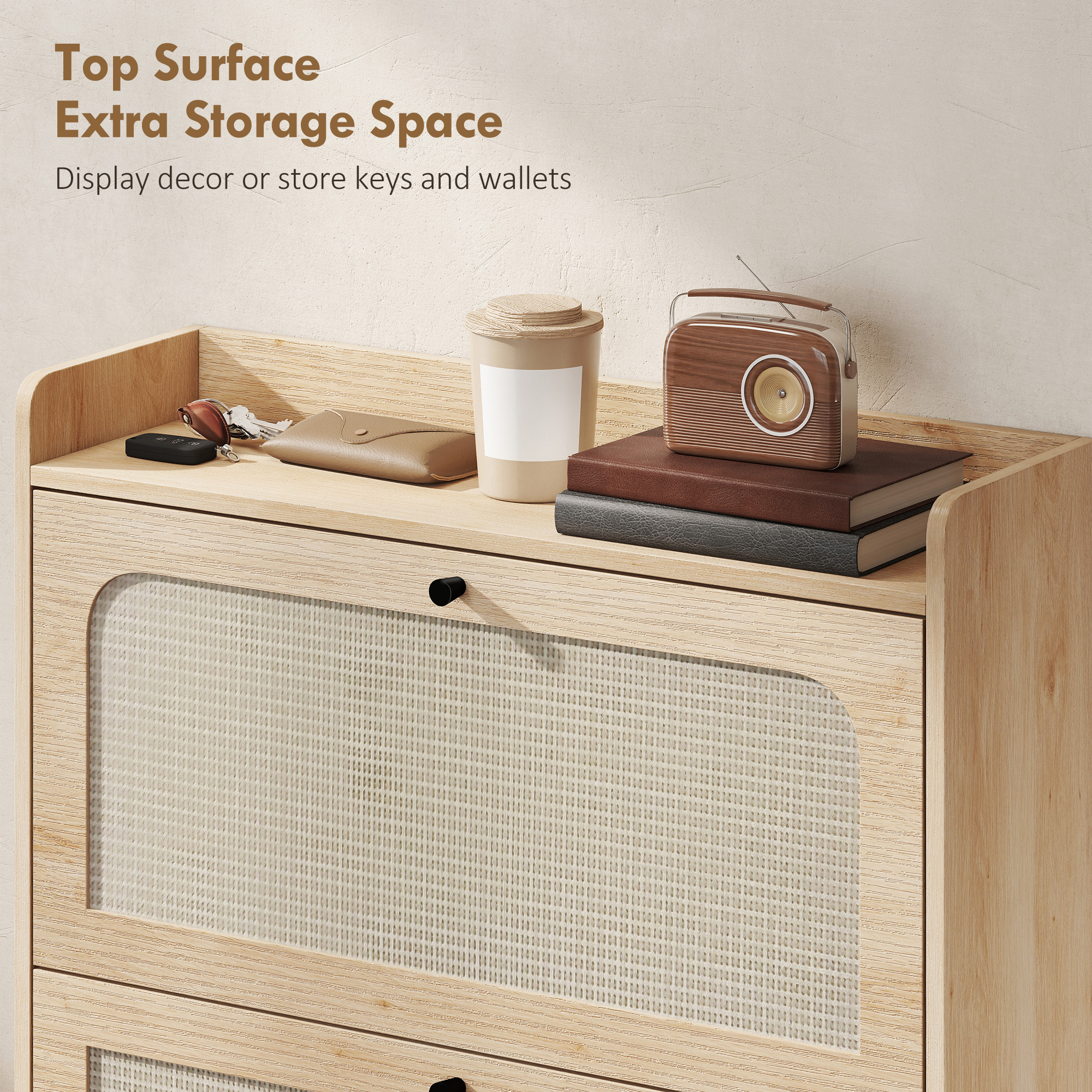 Shoe Cabinet with 2 Flip Drawers, Boho Narrow Shoe Storage Cabinet, Oak - Image 5