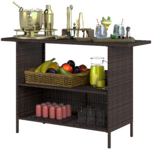 Wicker Outdoor Bar Table, PE Rattan Bar Height Patio Table with 2 Shelves, Steel Frame for Garden, Backyard, Dark Brown