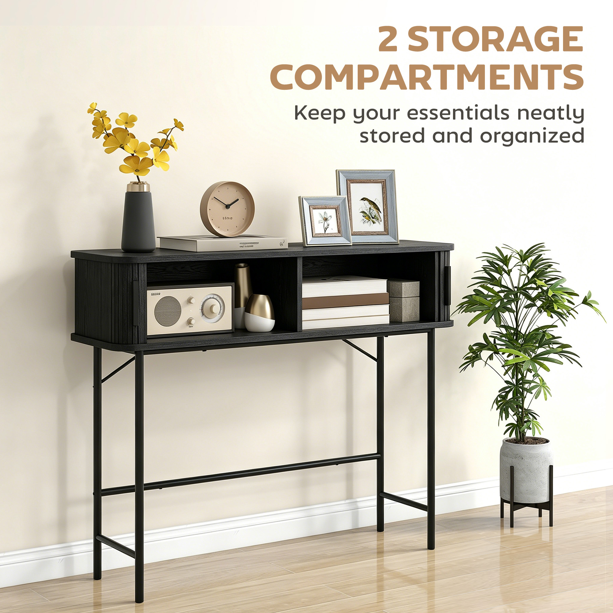 Mid-Century Entryway Table, Narrow Console Table with Storage Compartments for Behind Couch, Living Room, Black - Image 4