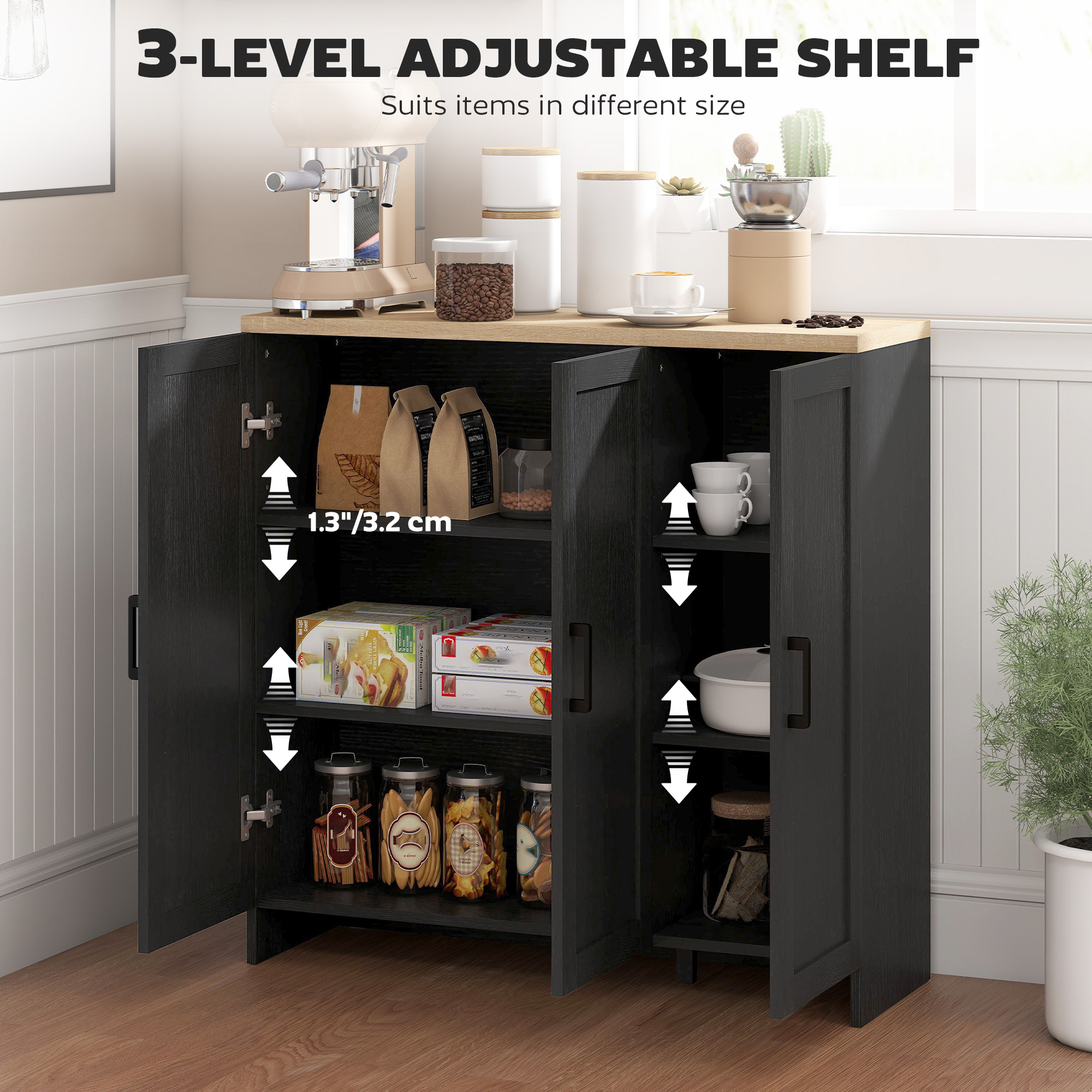 Modern Sideboard Buffet Cabinet, Modern Kitchen Storage Cabinet with 3 Doors Adjustable Shelves, for Dining Room, Black - Image 3