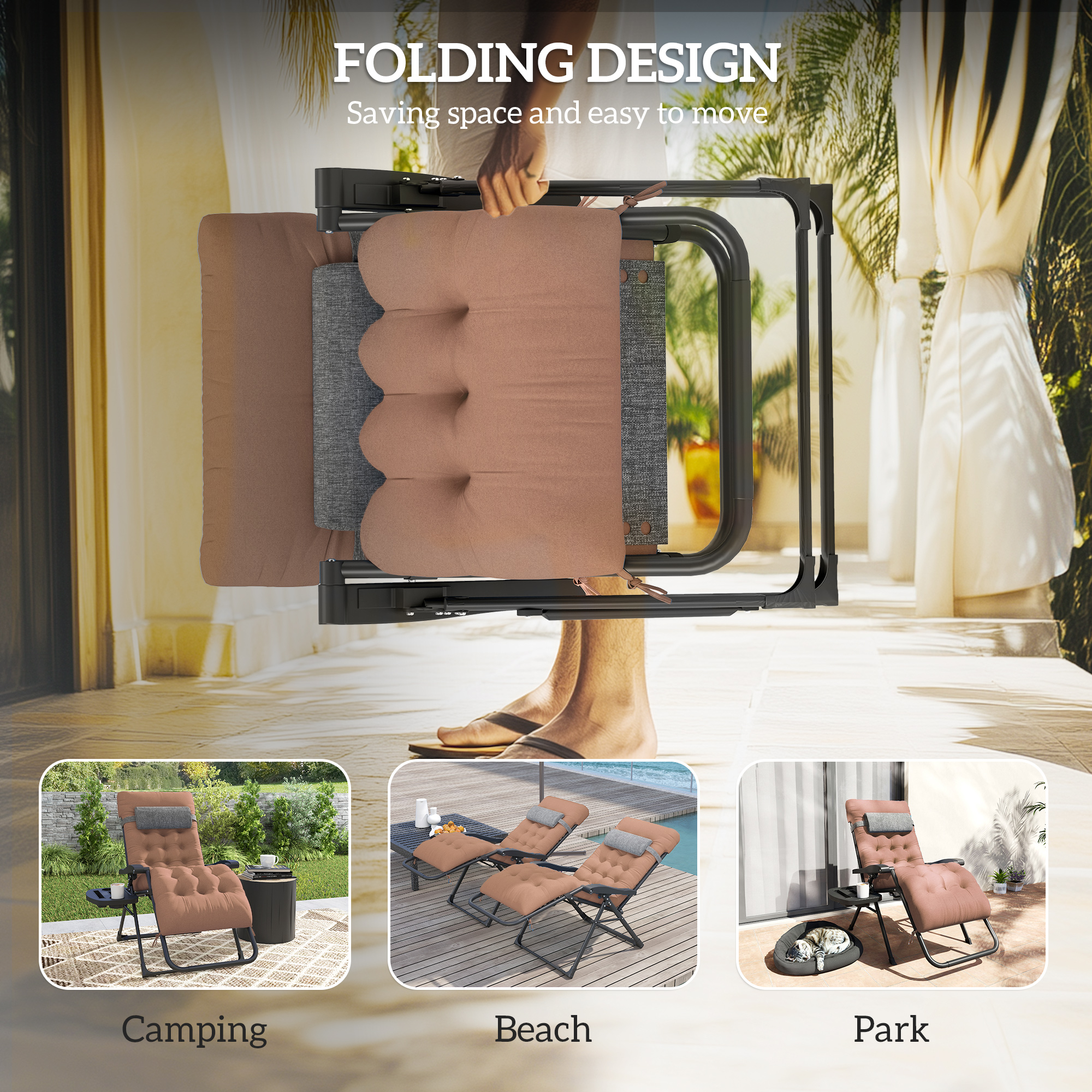 Padded Folding Recliner Chair, Patio Lounger with Cupholder, Adjustable Backrest, Removable Cushion, Khaki - Image 3