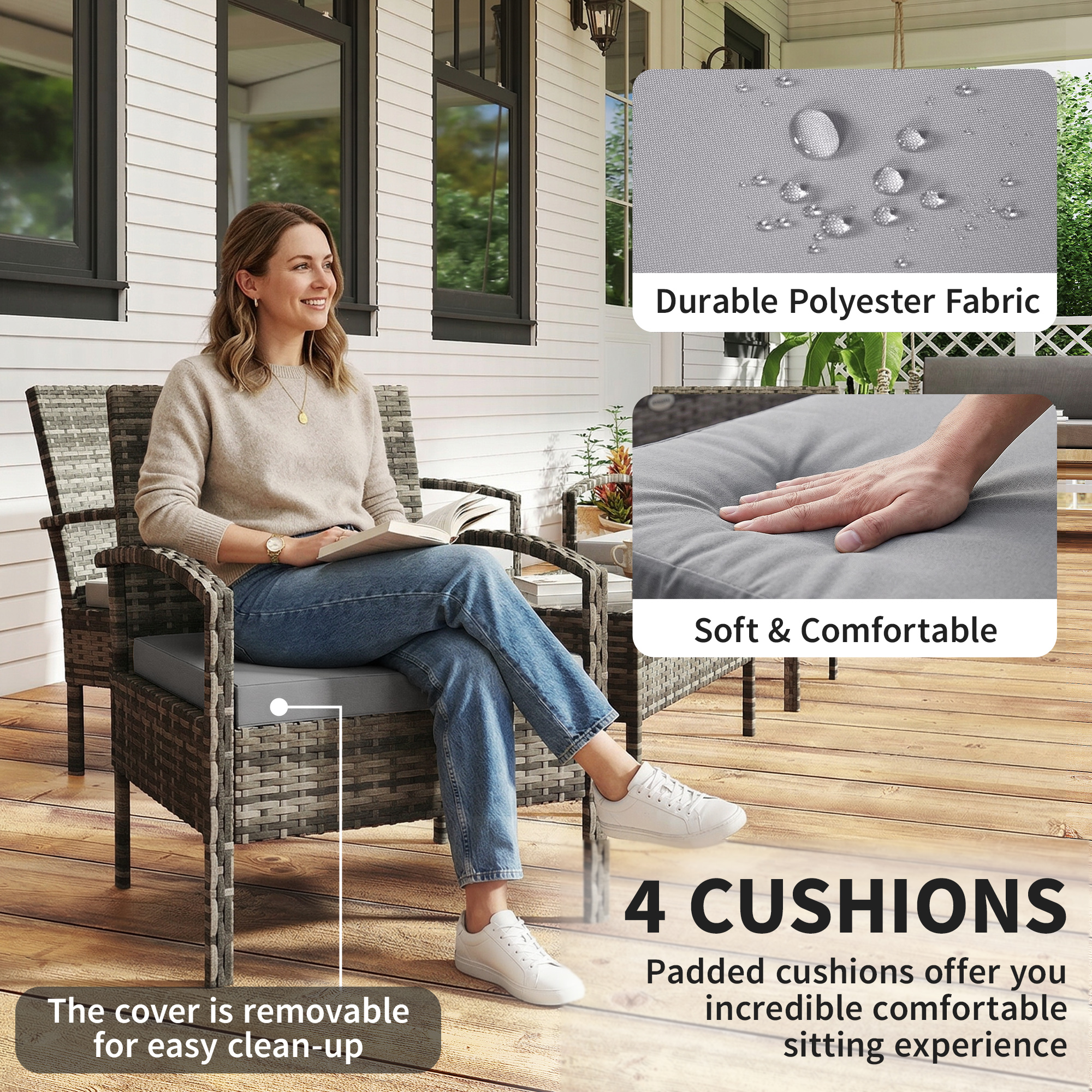 4 Pieces Patio Furniture Set with A Loveseat, Two Armchairs and A Coffee Table, Outdoor Conversation Set, Light Grey - Image 5