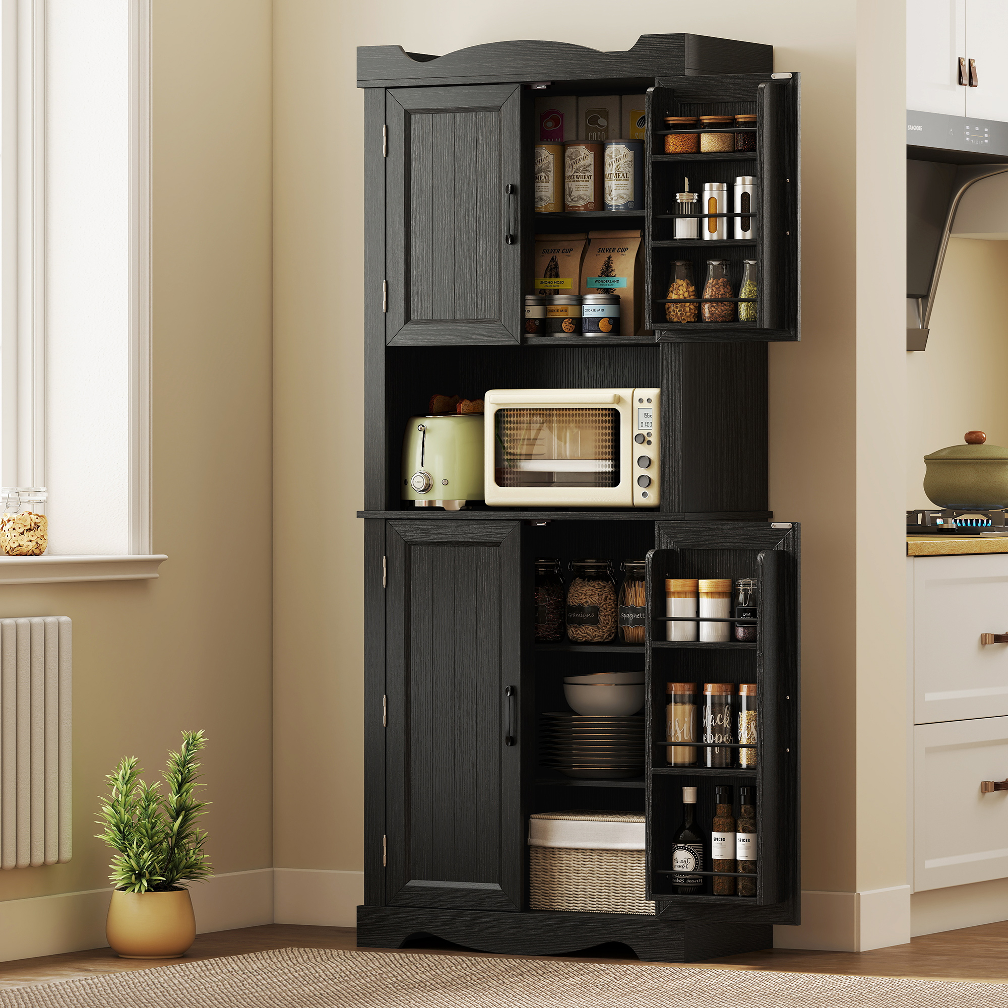 73" Kitchen Pantry Cabinet, Freestanding Kitchen Hutch with 12 Door Shelves, Adjustable Shelves, Microwave Stand, Black - Image 6