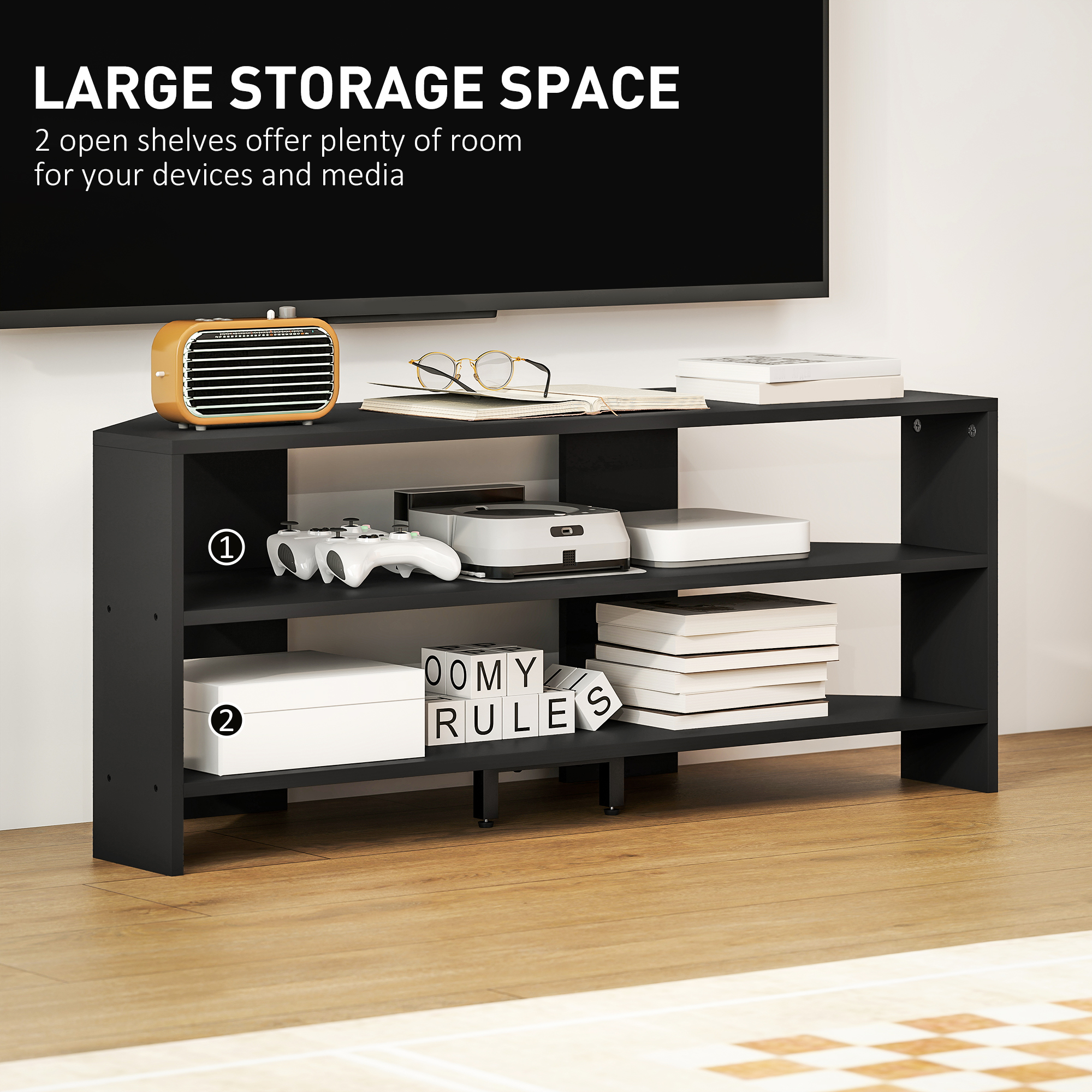 Corner TV Stand, Modern TV Table with 2 Open Shelves for 47 Inch TV, Entertainment Center for Living Room, Black - Image 3