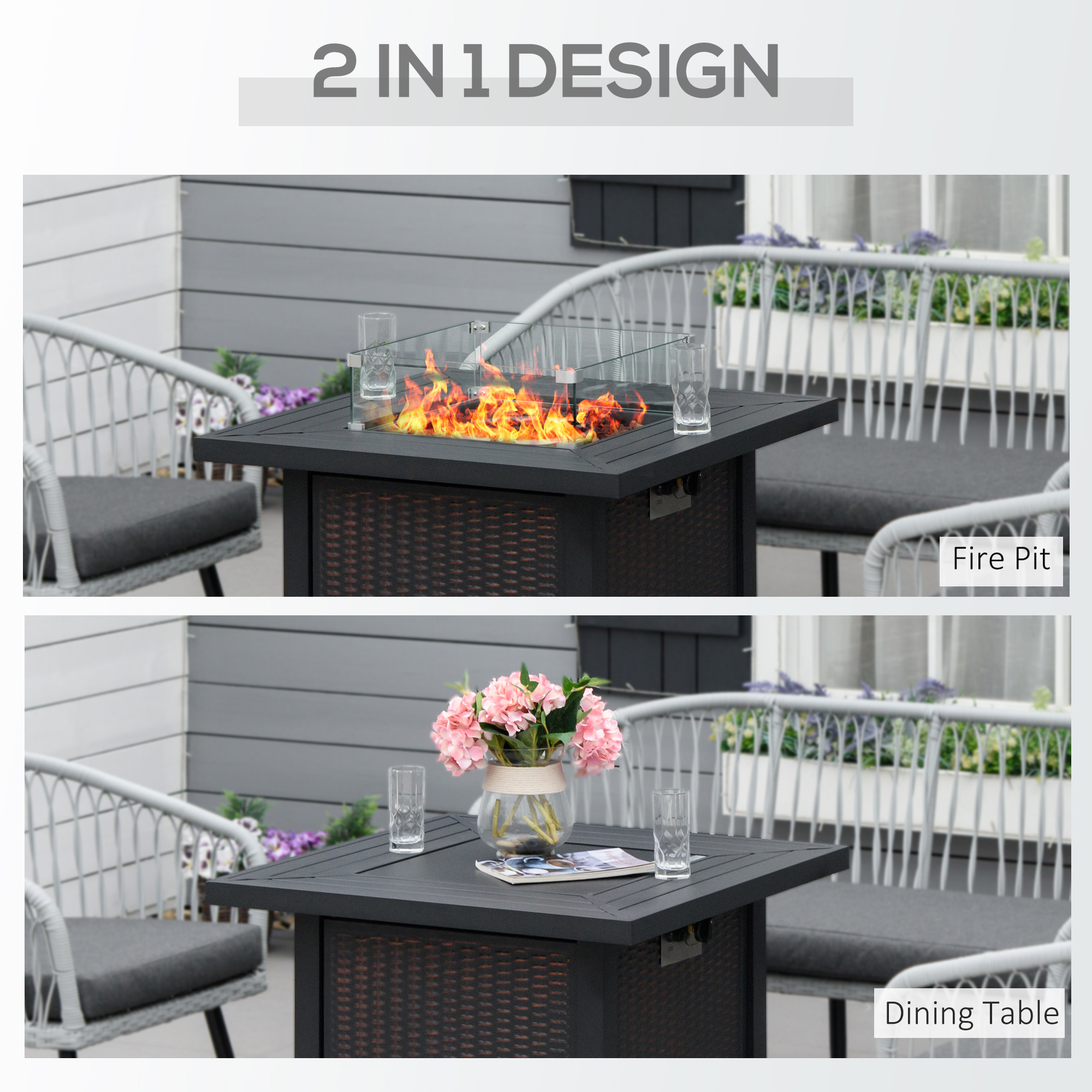 32" Propane Gas Fire Pit Table, 50,000 BTU Square Patio Table with Fire Pit, Wind Guard, Lid, CSA Certified, Black - Image 2