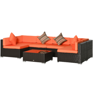 7 Pcs Rattan Conversation Set Garden Wicker Sofa Set with Washable Cushions and Coffee Table, for Deck Balcony Yard, Orange