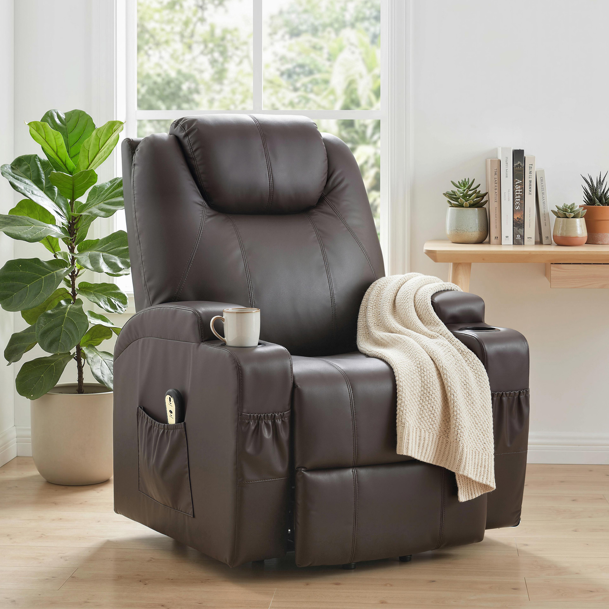 Power Lift Recliner Chair for Elderly, PU Leather Lift Chair with Thick and High Back, Footrest, Remote, Side Pockets, Cup Holders, Reclining Sofa for Living Room, Brown - Image 6