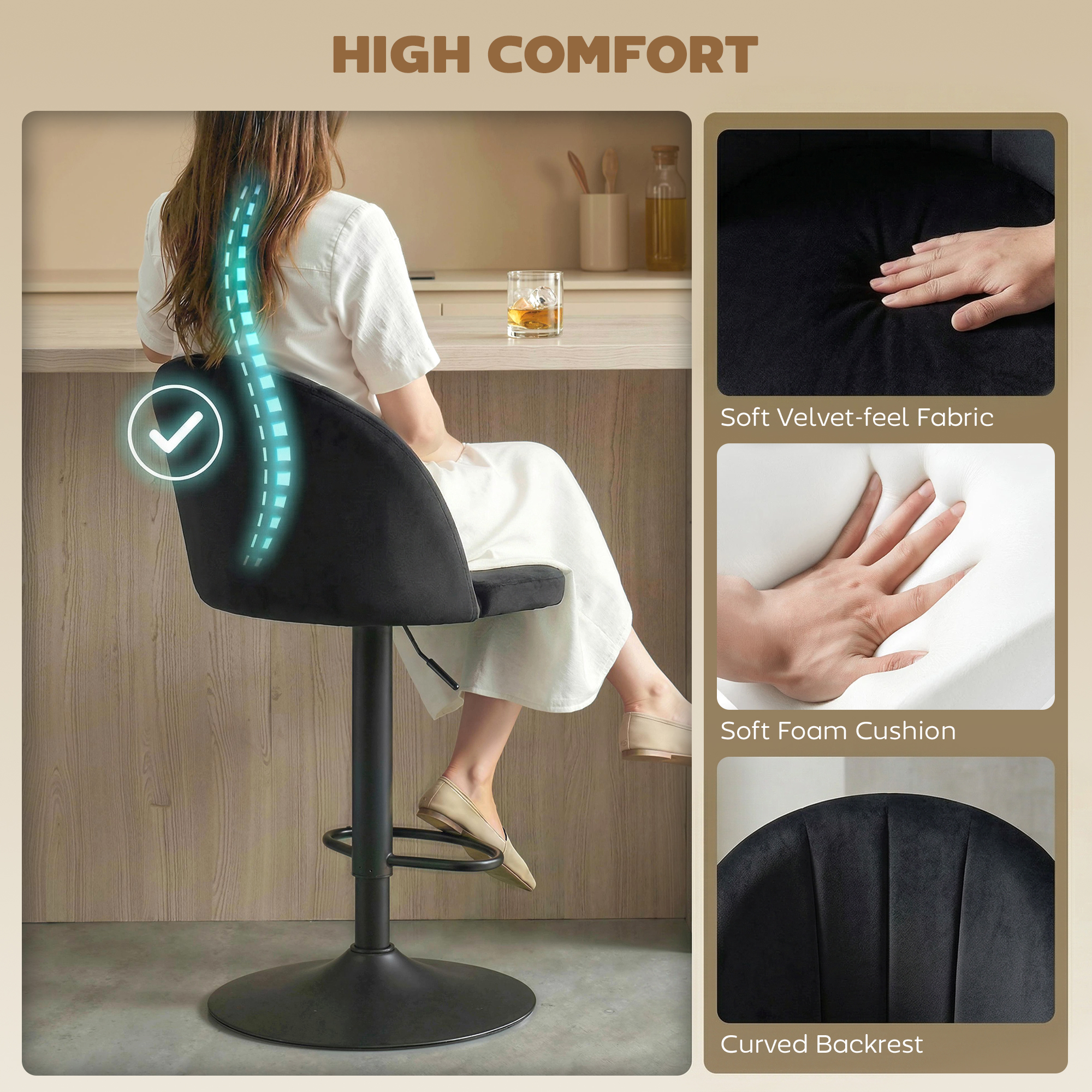 Bar Stools Set of 2, Swivel Counter Height Barstools with Footrest, Black - Image 2