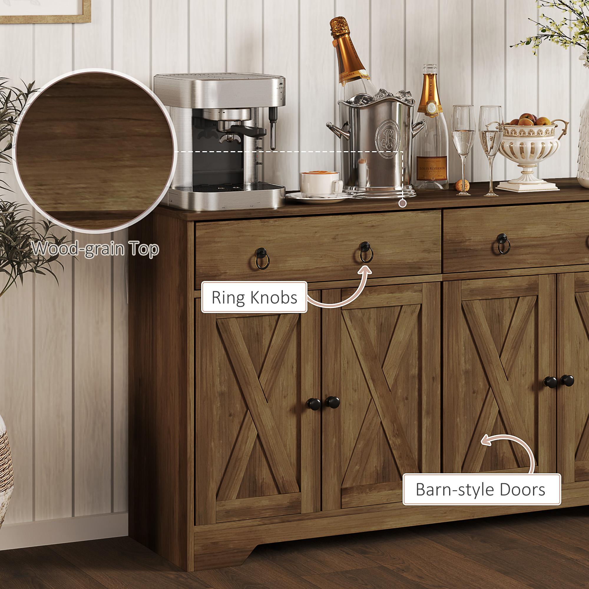 Sideboard Cabinet with 2 Drawers, 4 Barn Doors and 2 Adjustable Shelves, Buffet Table for Living Room, Light Brown - Image 4