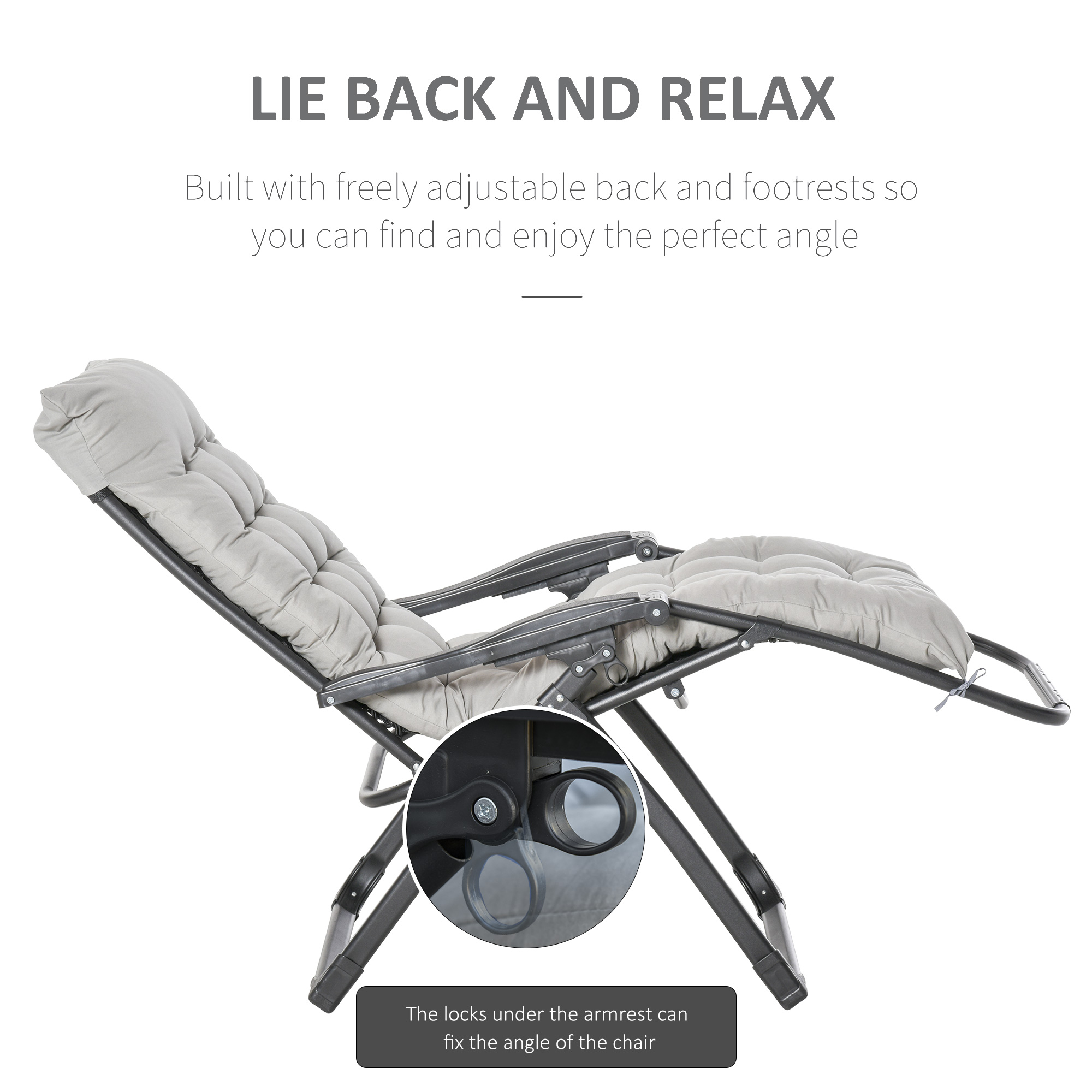Reclining Zero Gravity Chair with Adjustable Backrest, Folding Garden Sun Lounger, Outdoor Recliner with Removable Cushion and Headrest, Light Grey - Image 4