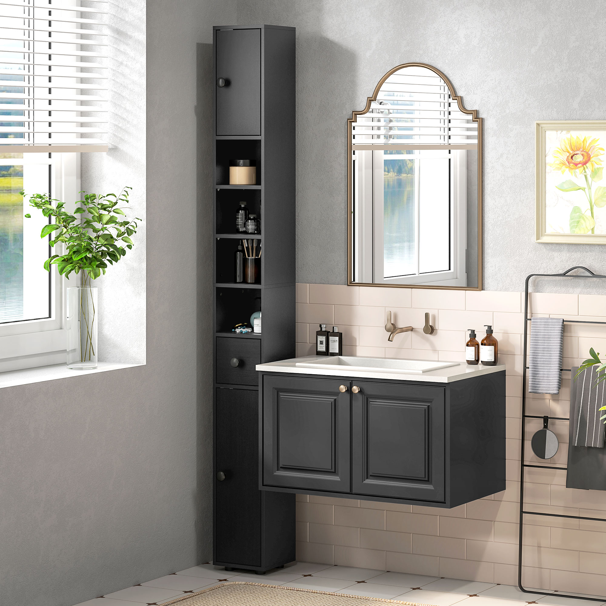 71" Tall Bathroom Cabinet, Narrow Toilet Paper Cabinet with Open Shelves, 2 Door Cabinets, Adjustable Shelves, Black - Image 6