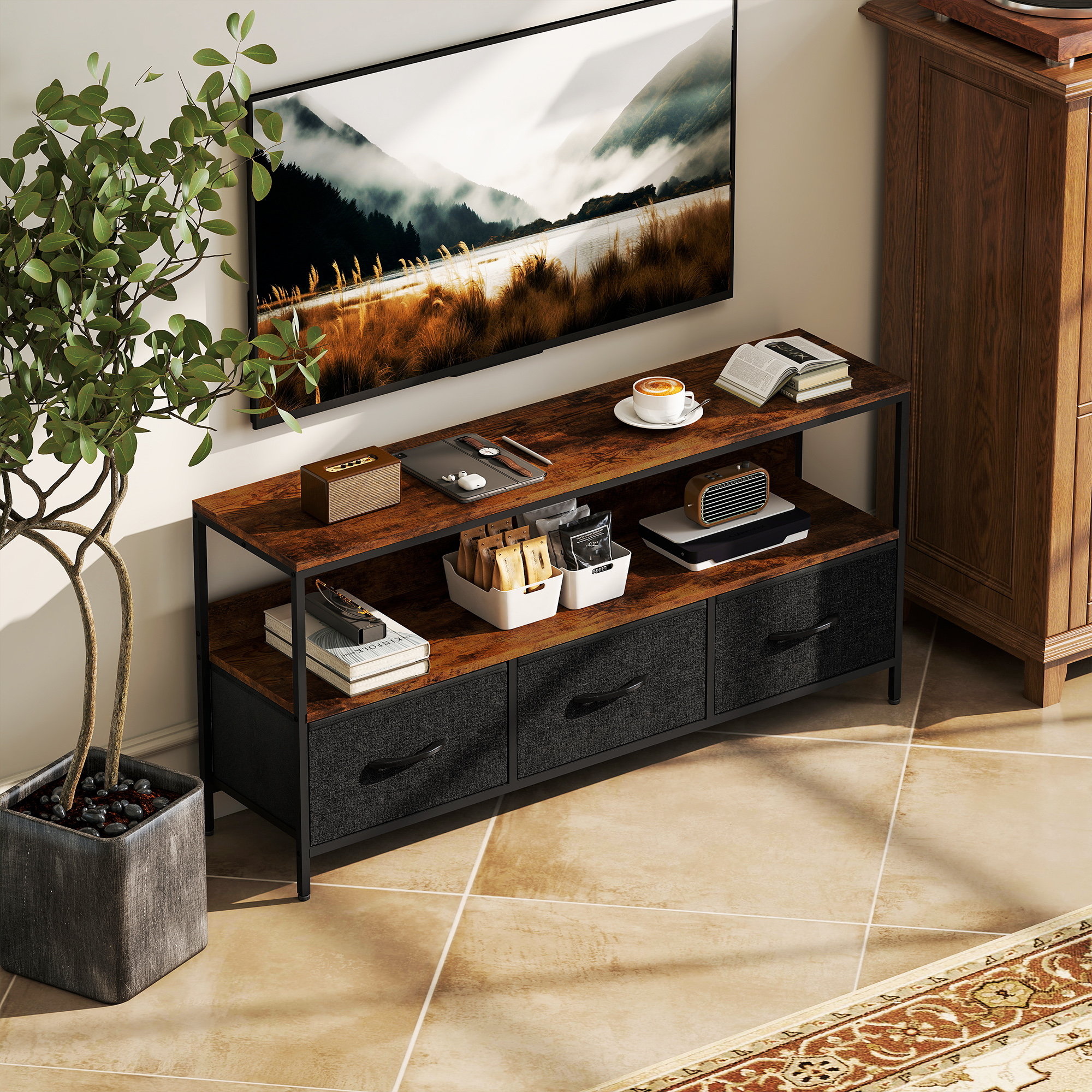 TV Stand with Charging Station, TV Table with 3 Foldable Linen Drawers and Open Shelf for 55 Inch Television, Rustic Brown - Image 6
