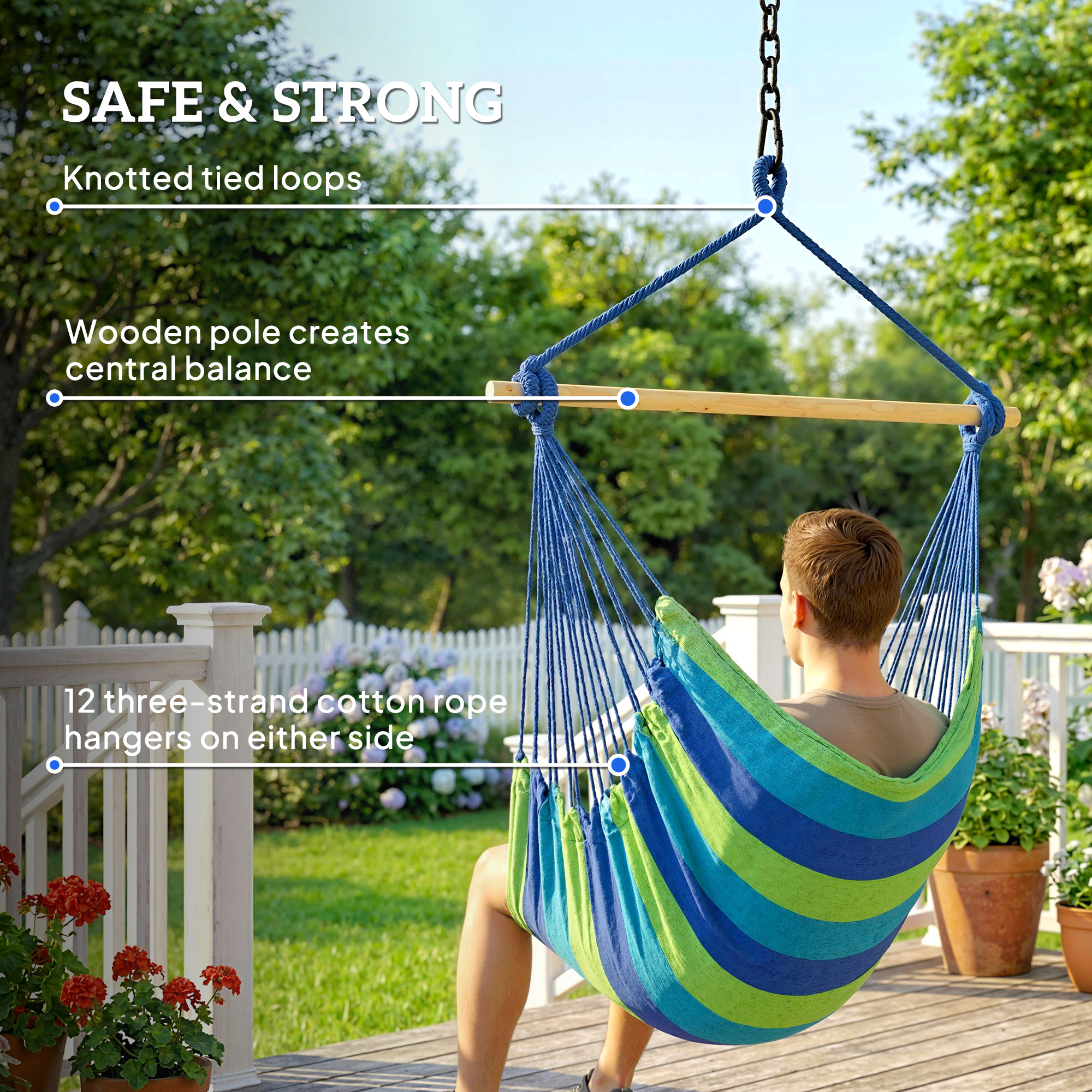 Hammock Chair Swing Hanging Macrame Chair w/ Two Soft Seat Cushions, Blue and Green - Image 3