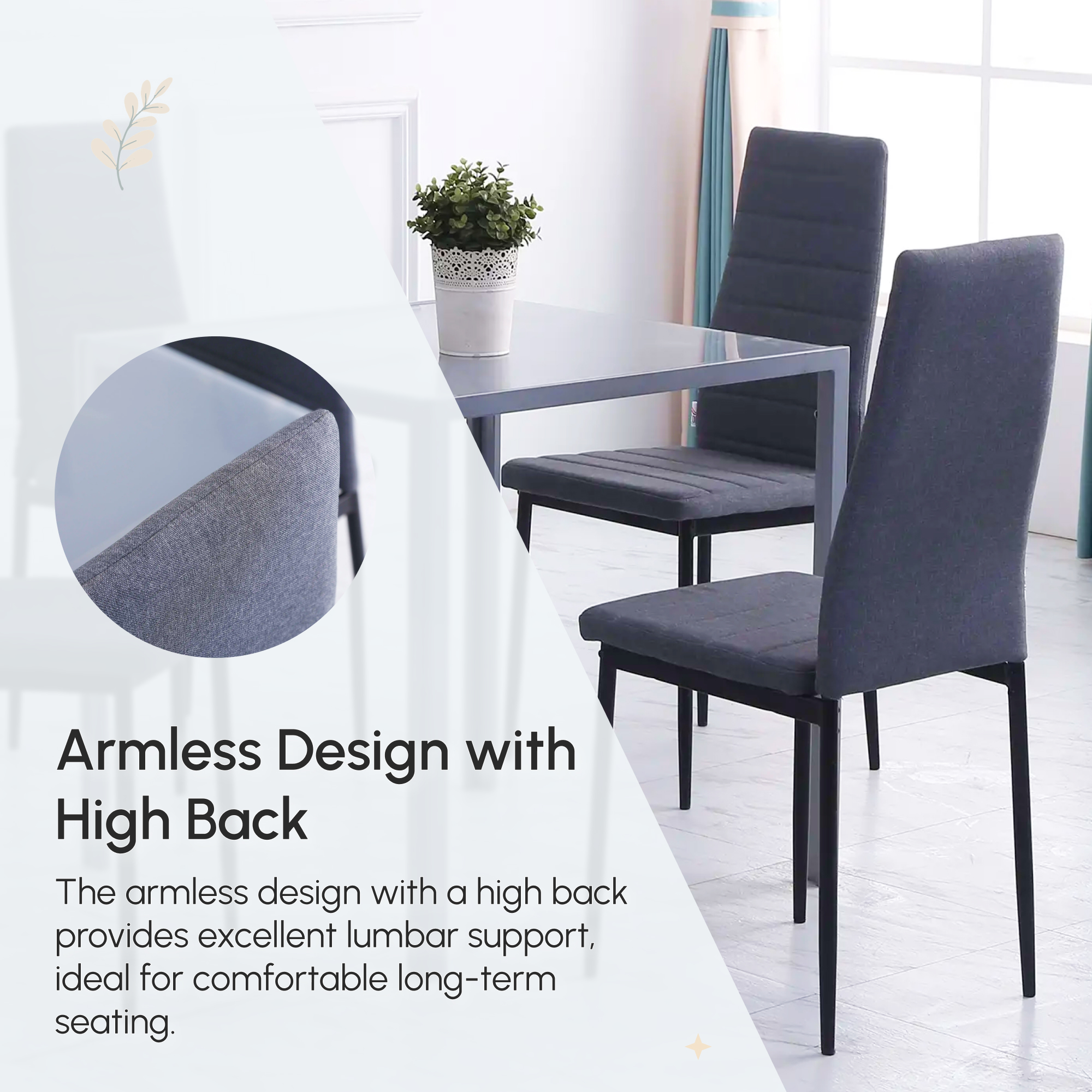 Modern Dining Chairs Set of 4, Upholstered Linen Fabric Kitchen Chairs with Channel Tufting and Metal Legs for Living Room, Dining Room, Bedroom, Grey - Image 2