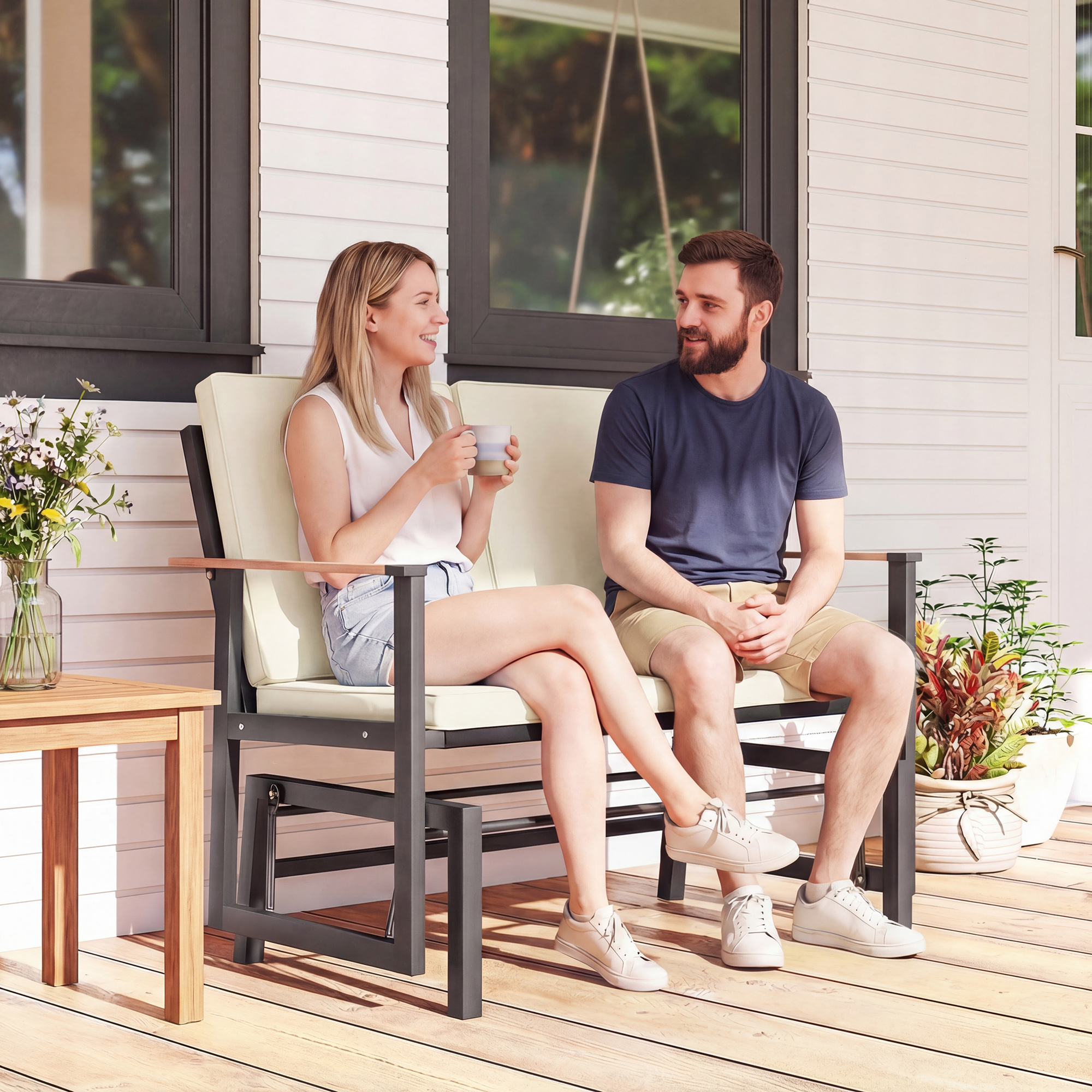 Outdoor Glider Bench for 2 Person, Patio Glider Loveseat with Thick Cushions for Garden Balcony Porch, Cream White - Image 6
