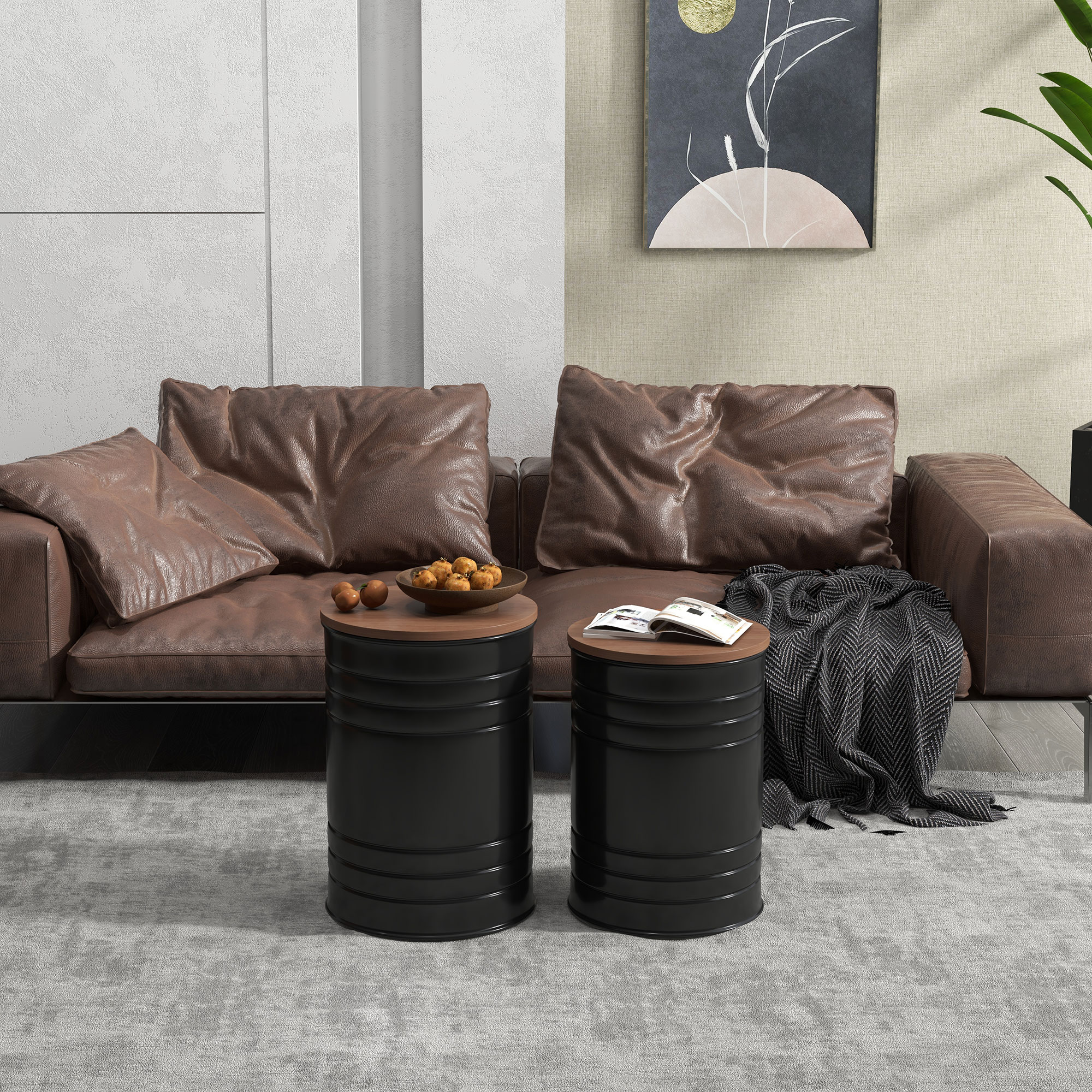 Round Side Table Set of 2, Nesting Coffee Tables w/ Wooden Lid, Metal Frame and Hidden Storage Space for Bedroom, Black - Image 5