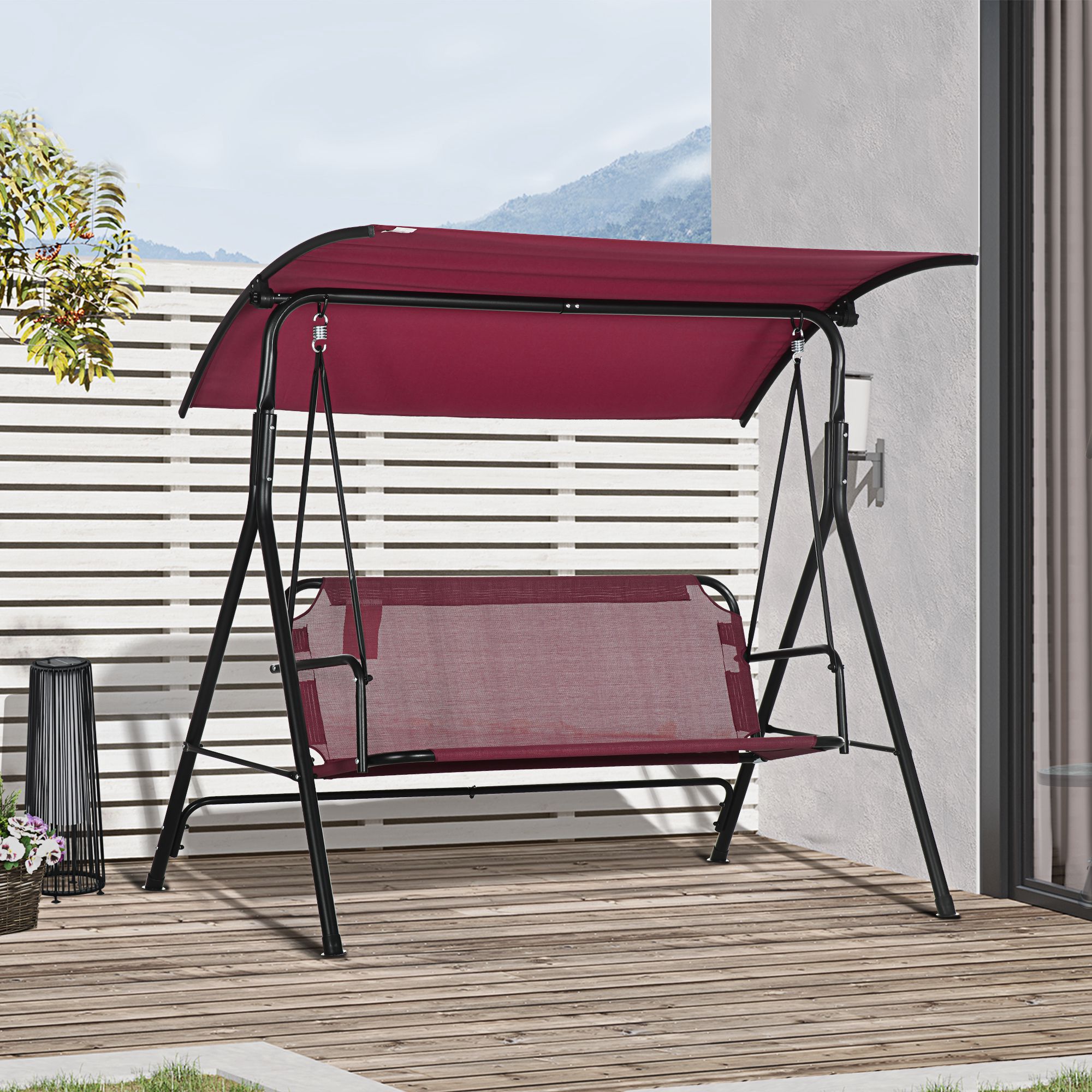 3-Seater Outdoor Porch Swing with Adjustable Canopy, Patio Swing Chair for Garden, Poolside, Backyard, Wine Red - Image 6