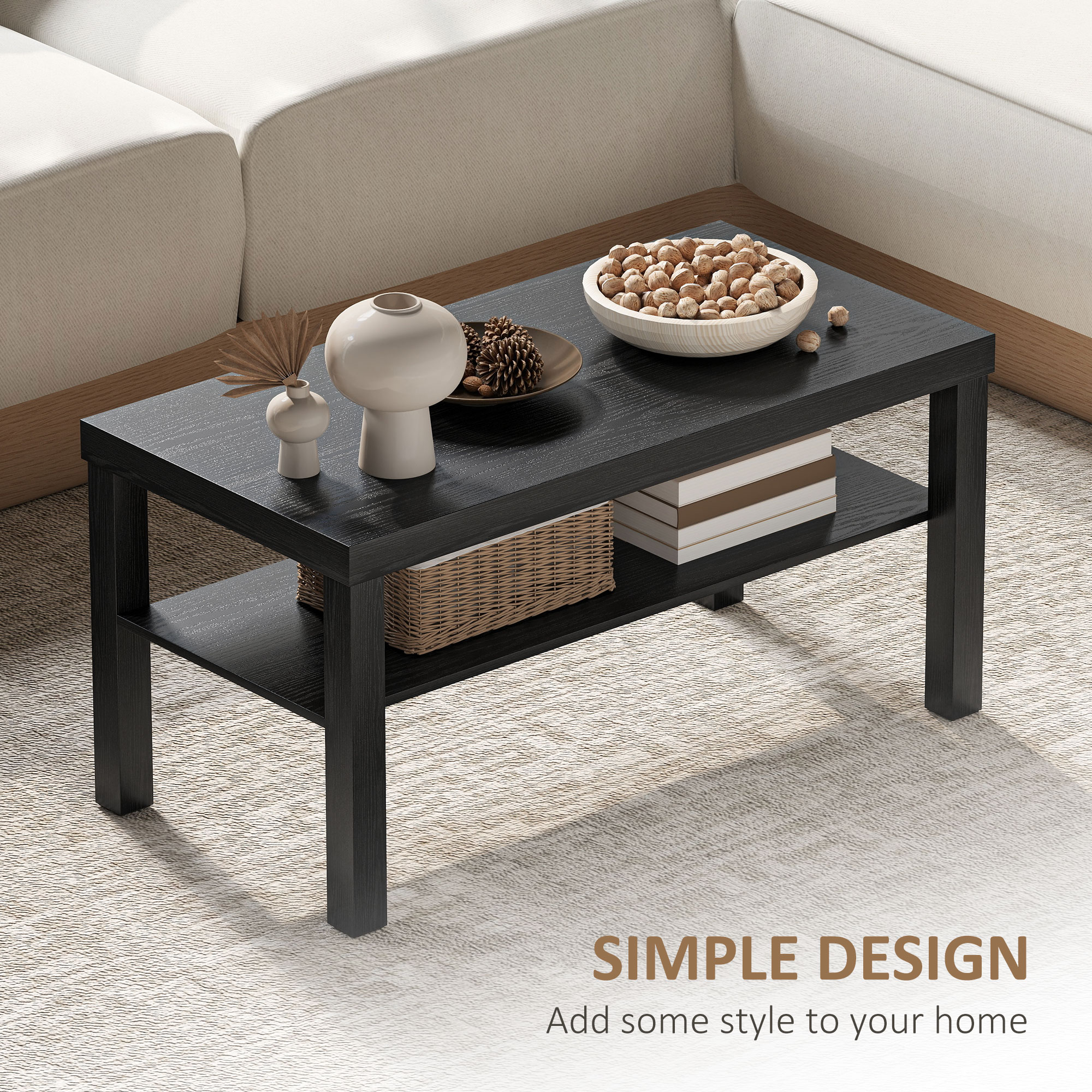 2 Tier Coffee Table, Rectangular Center Table with Storage Shelf for Living Room, Home Office, Black - Image 2