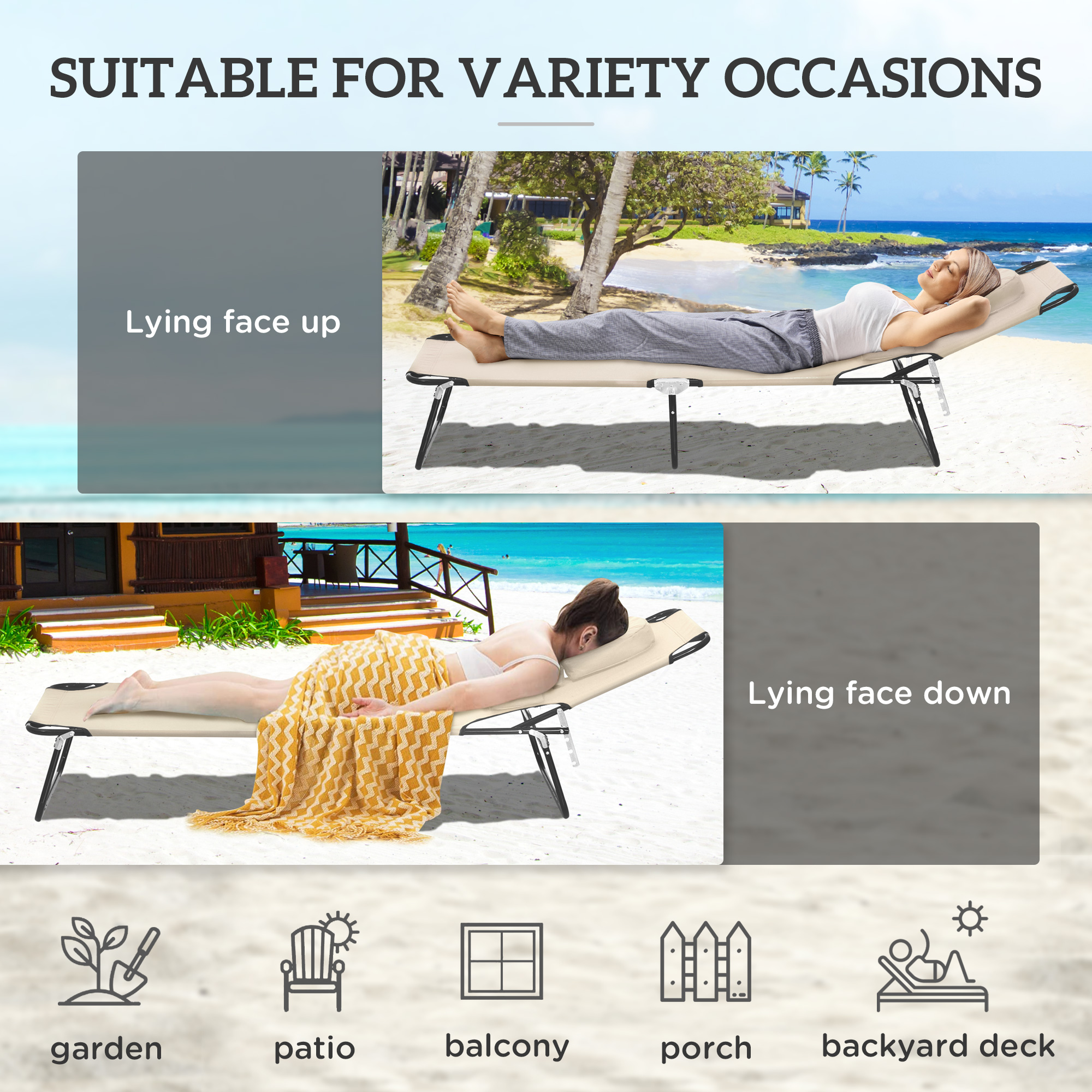 Outdoor Lounge Chair, Garden Folding Chaise Lounge w/ Adjustable Backrest, Face Hole and Support Pillow, Beige - Image 3