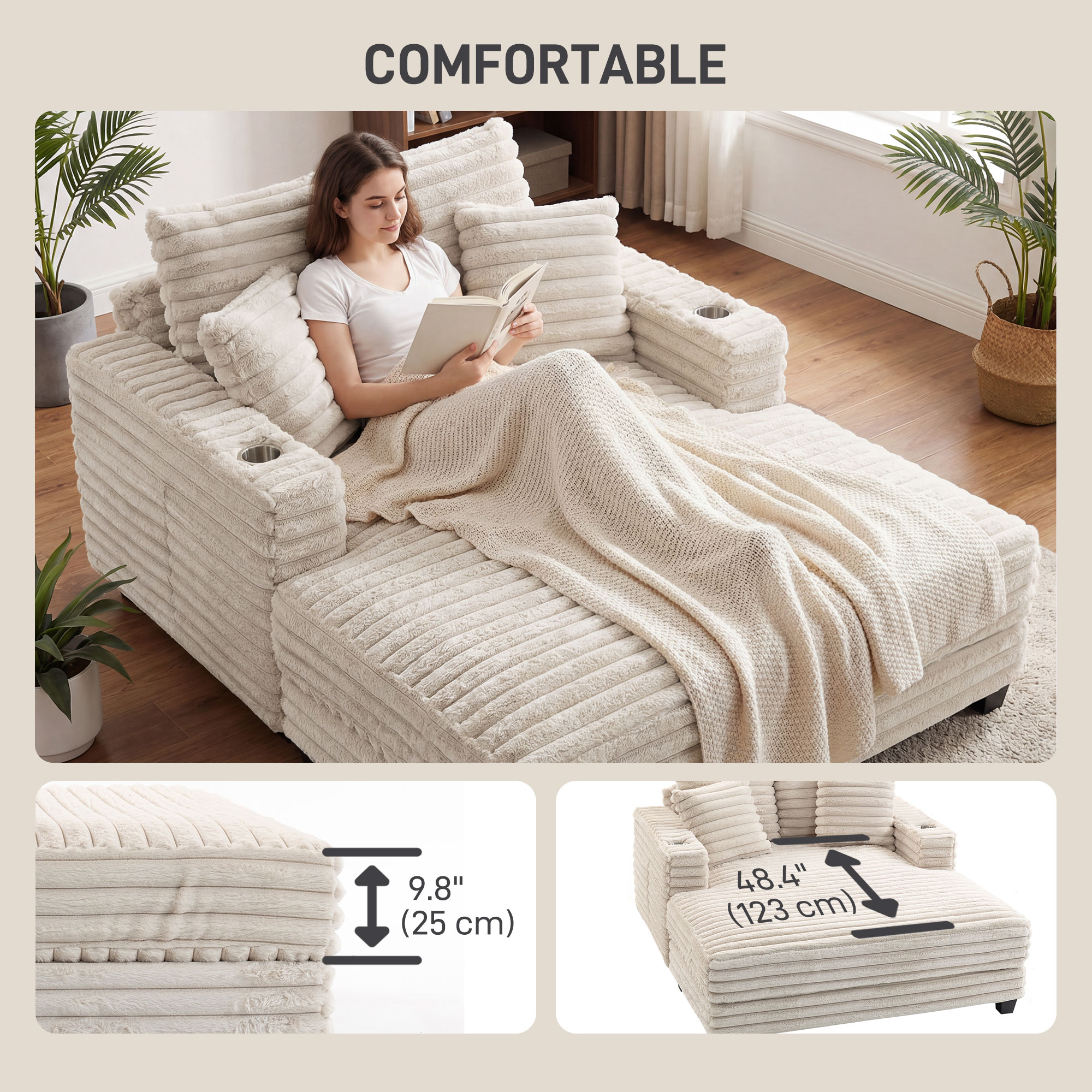 60" Chaise Lounge Chair, Oversized Upholstered Sofa Bed with Cup Holders & Pillows, Sleeper Couch for Living Room, Beige - Image 4