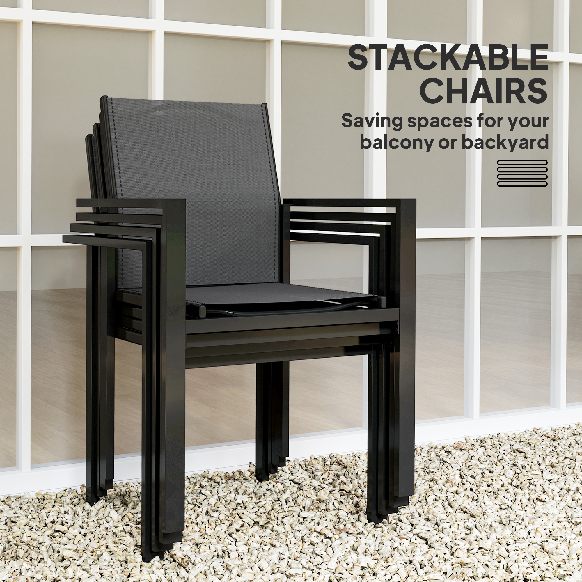 5 Piece Patio Dining Set with 4 Stackable Chairs, Tempered Glass Top, Rust-Resistant Metal Frame - Image 3