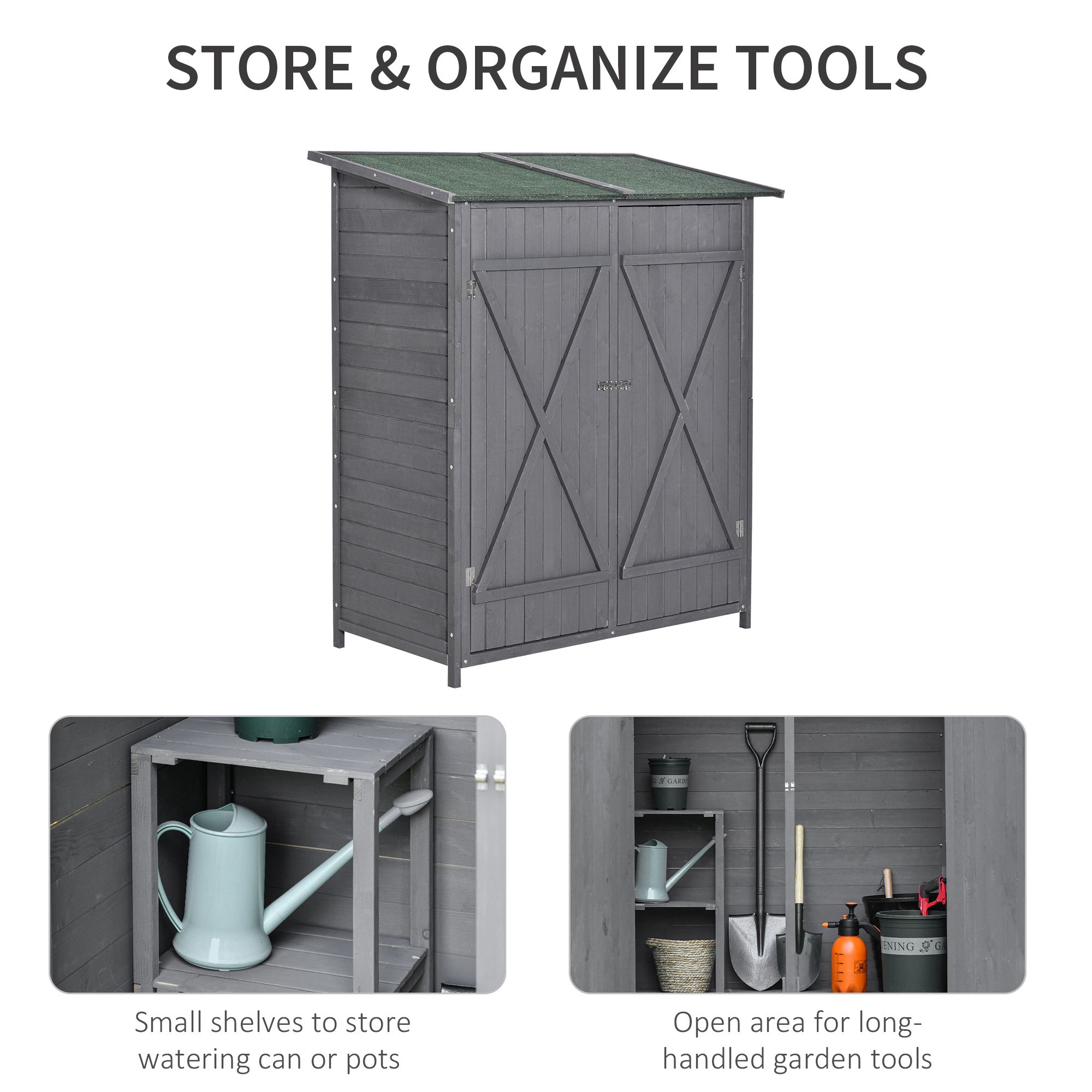 Garden Storage Shed Asphalt Roof Wooden Timber Double Door Utility Storage House with Shelf, Green and Grey - Image 4