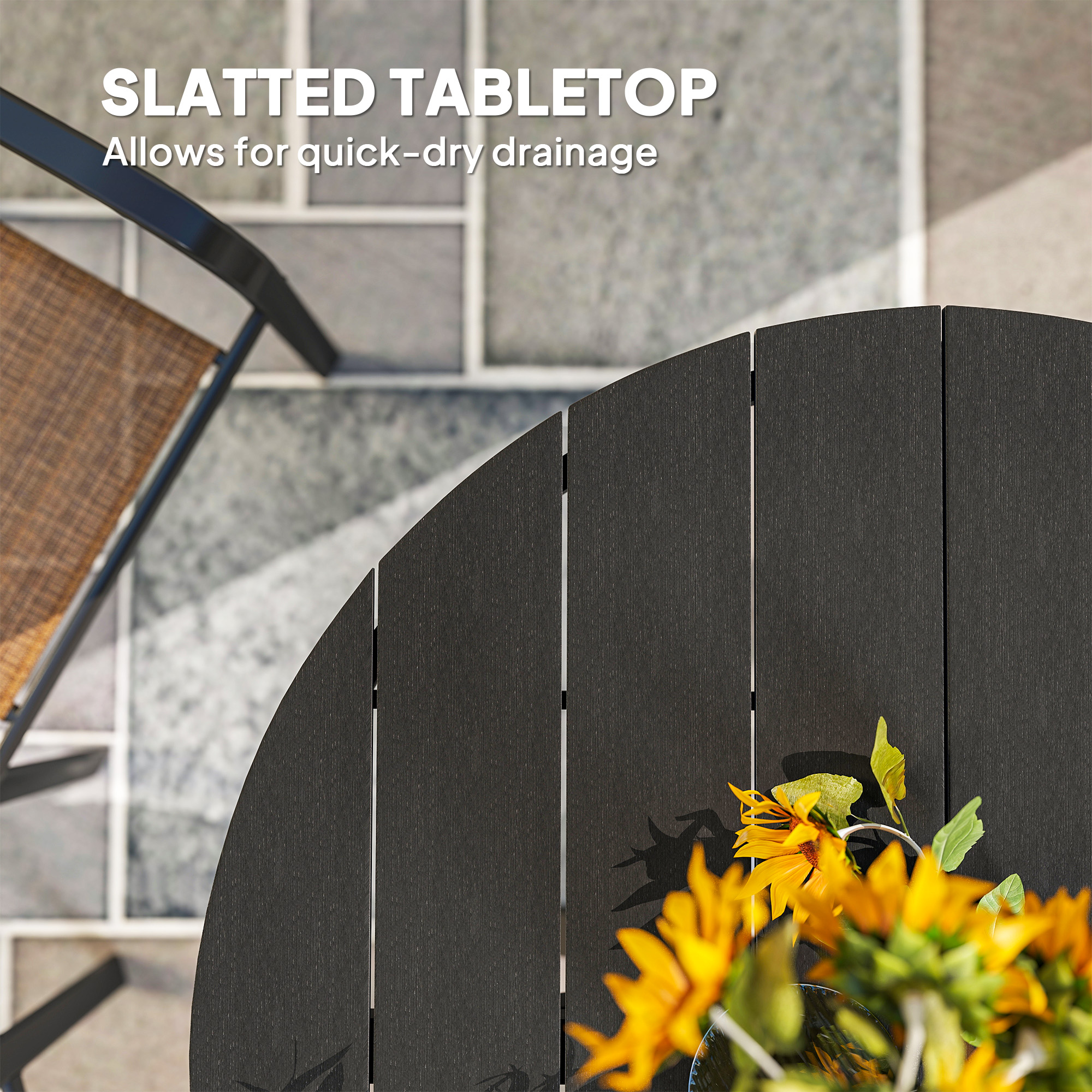 46.5" Outdoor Dining Table for 6, Round Picnic Table with Slatted Top for Balcony, Porch, Black - Image 3