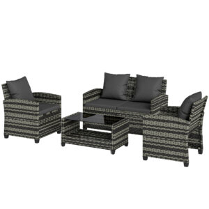 4-Piece Outdoor Wicker Patio Furniture Conversation Set, Includes Loveseat, Chairs and 2-Tier Table with Cushions, Modern Rattan Sofa Set for Backyard, Dark Grey