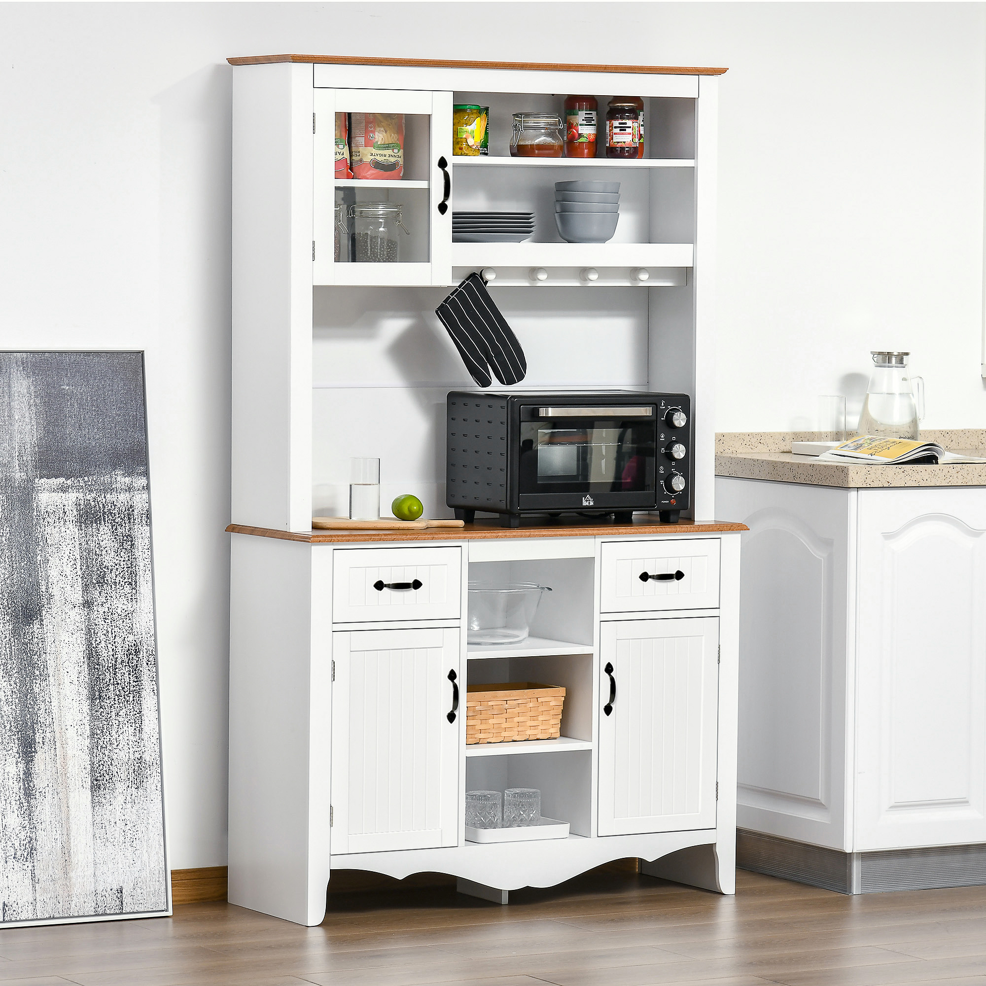 71" Kitchen Buffet with Hutch, Farmhouse Style Storage Cupboard with Utility Drawer, 3 Door Cabinets and 5-tier Shelves, White - Image 6