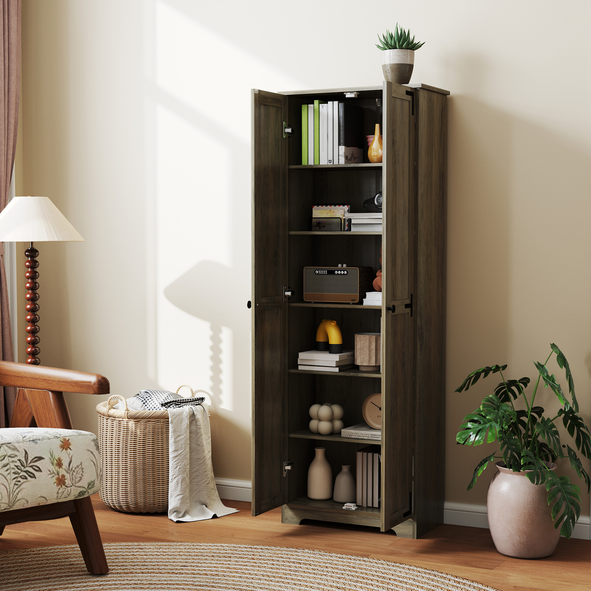 67" Farmhouse Pantry Cabinet with 2 Doors, Tall Storage Cabinet with Adjustable Shelves, Distressed Grey - Image 6