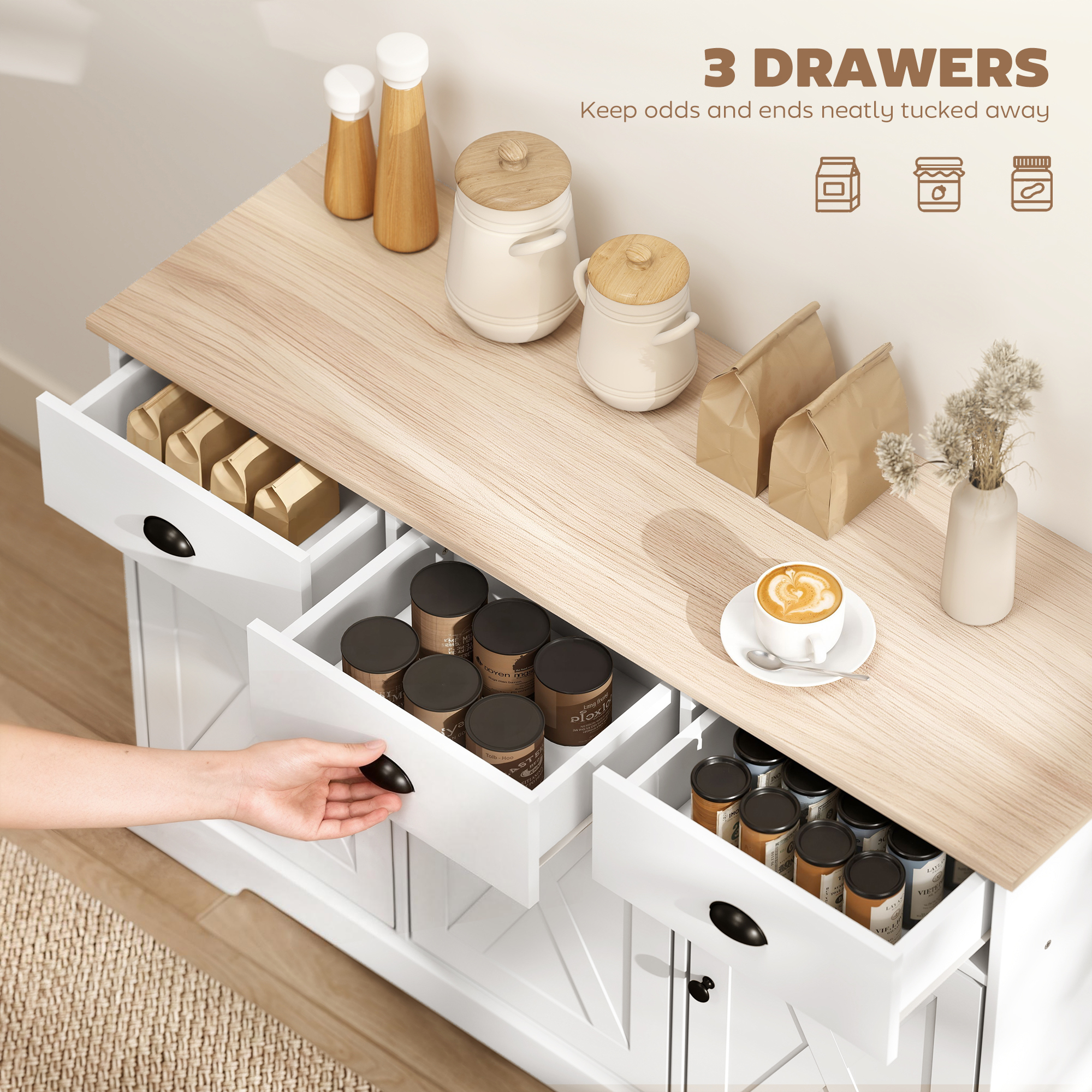46.5" Buffet Cabinet, Farmhouse Sideboard with 3 Barn Doors and 3 Drawers for Living Room, Kitchen, White - Image 2