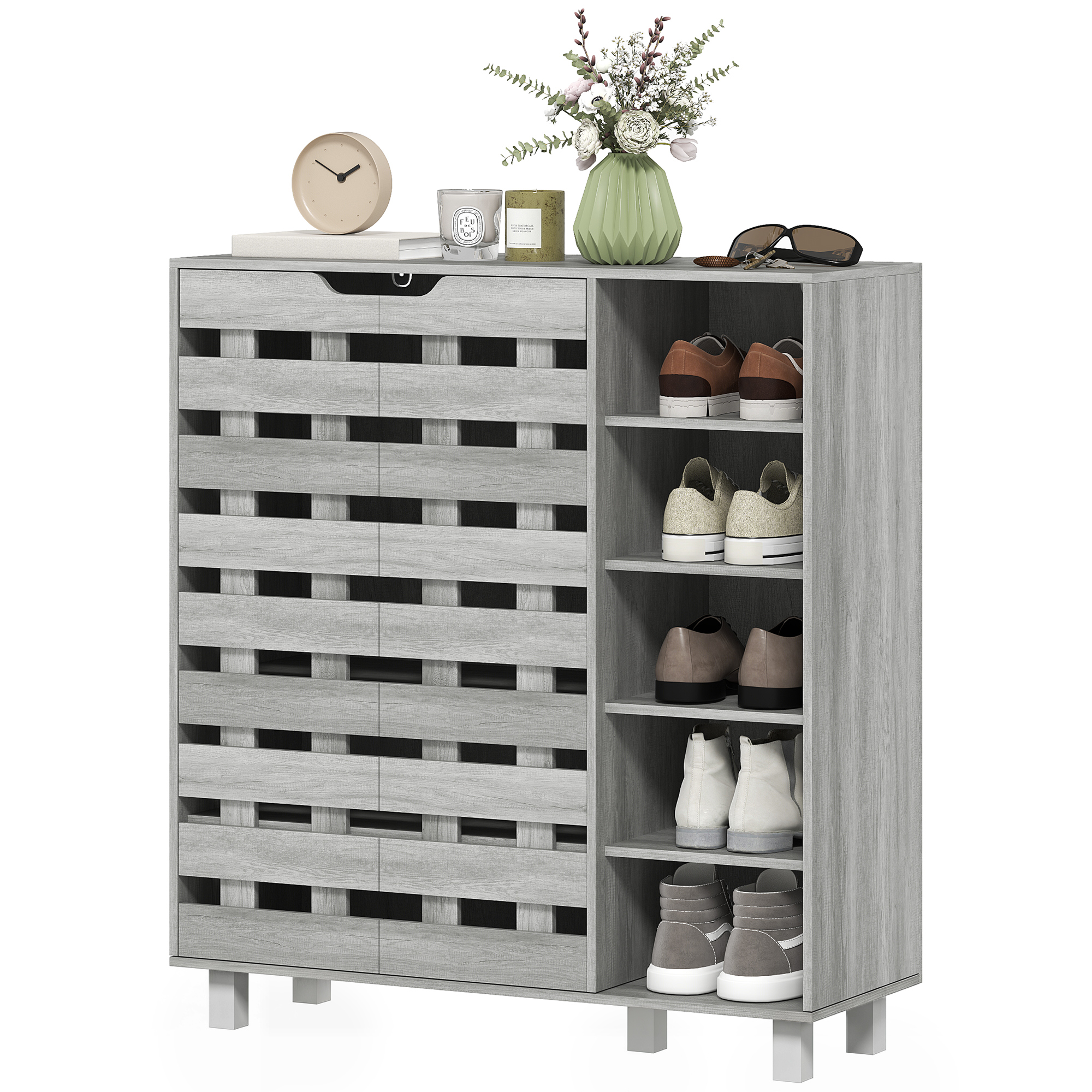 Shoe Cabinet, 21 Pair Shoe Storage Cabinet Organizer with 5-tier Double Door Cabinet and 5-tier Open Shelves, Light Grey