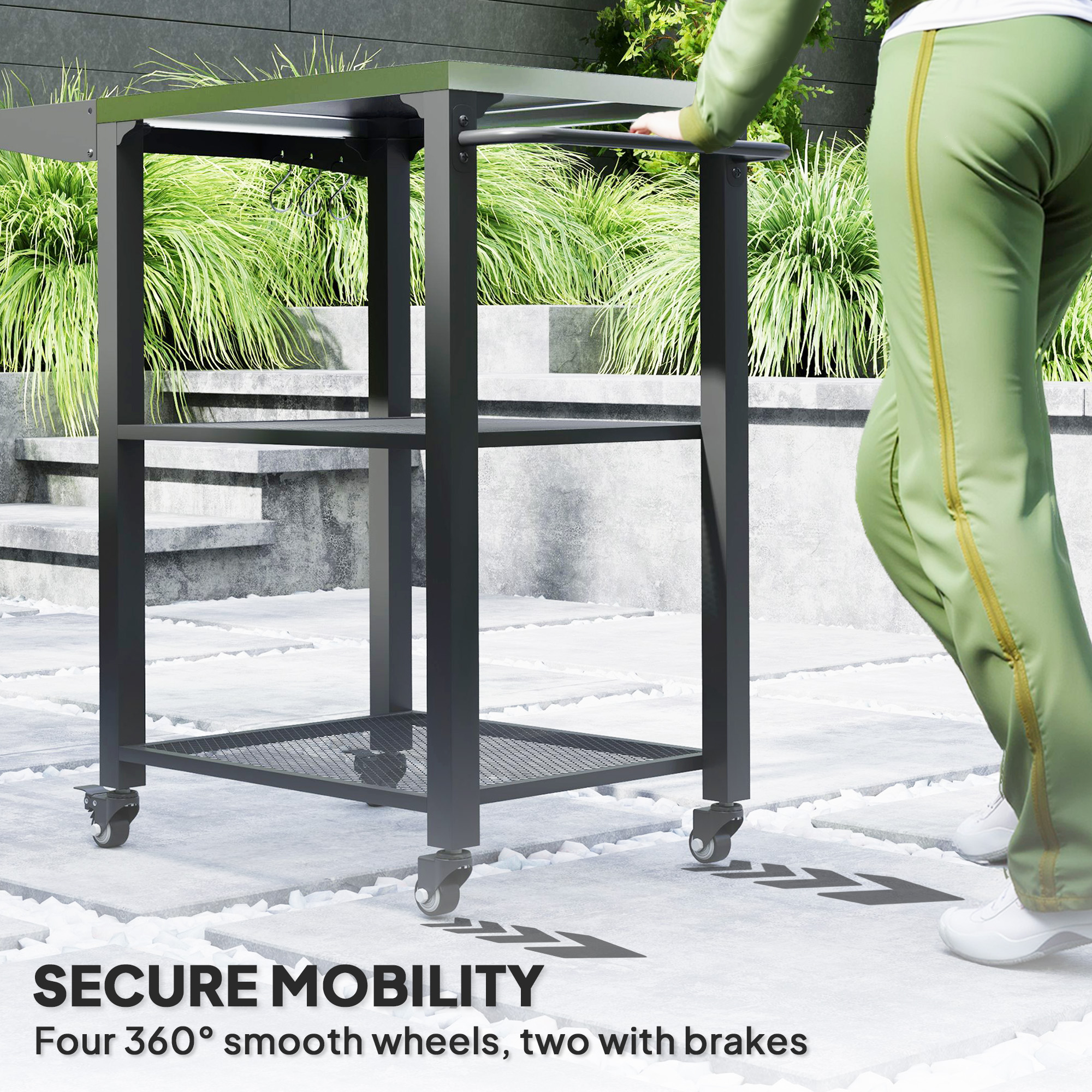 Outdoor Grill Cart w/ Foldable Side Table, 3-Tier Pizza Oven Stand w/ Stainless Steel Tabletop, Hooks, Wheels - Image 5