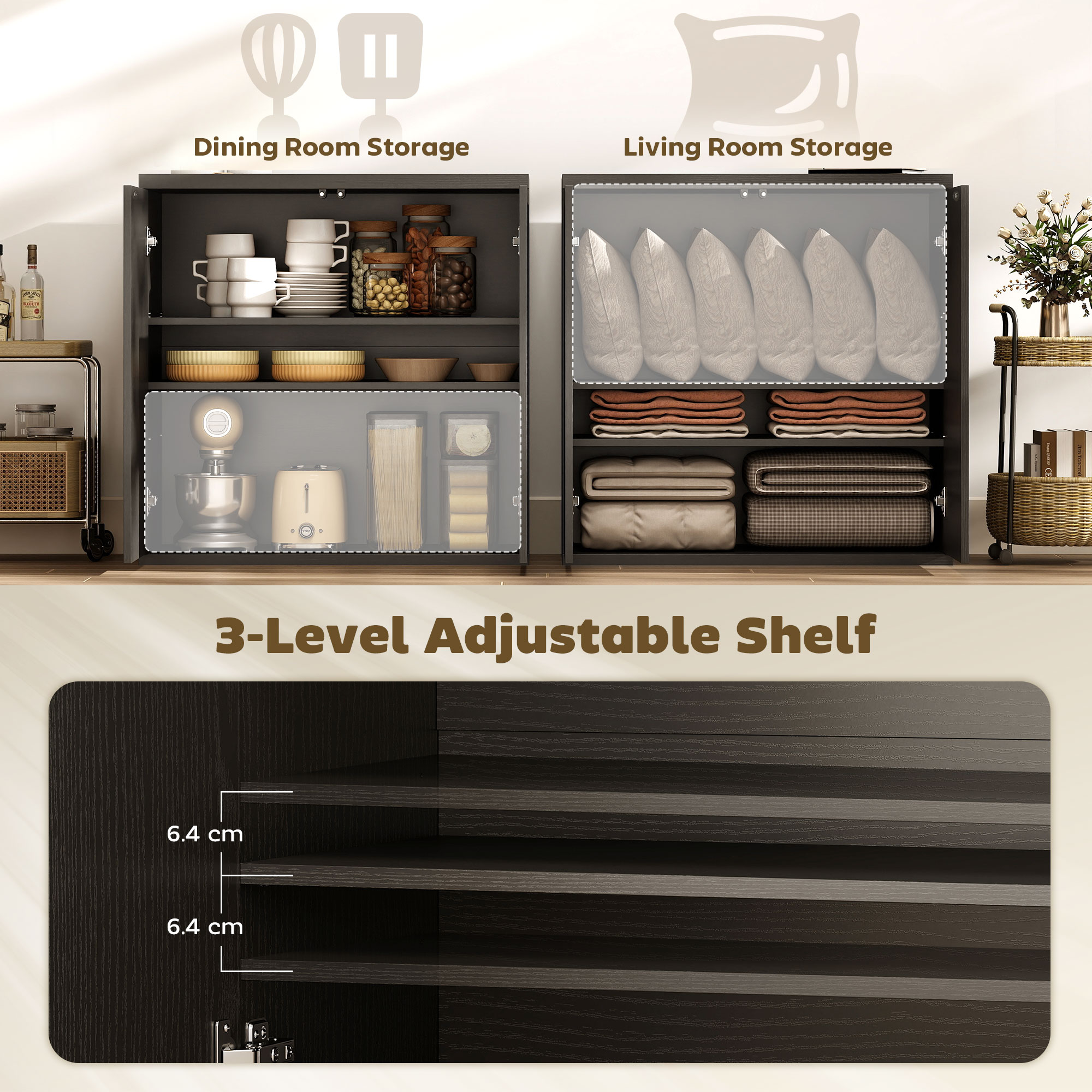 Sideboard Buffet Cabinet, 30.7" Kitchen Cabinet with Soft-Close Door and Adjustable Shelves, Distressed Black Grey - Image 3