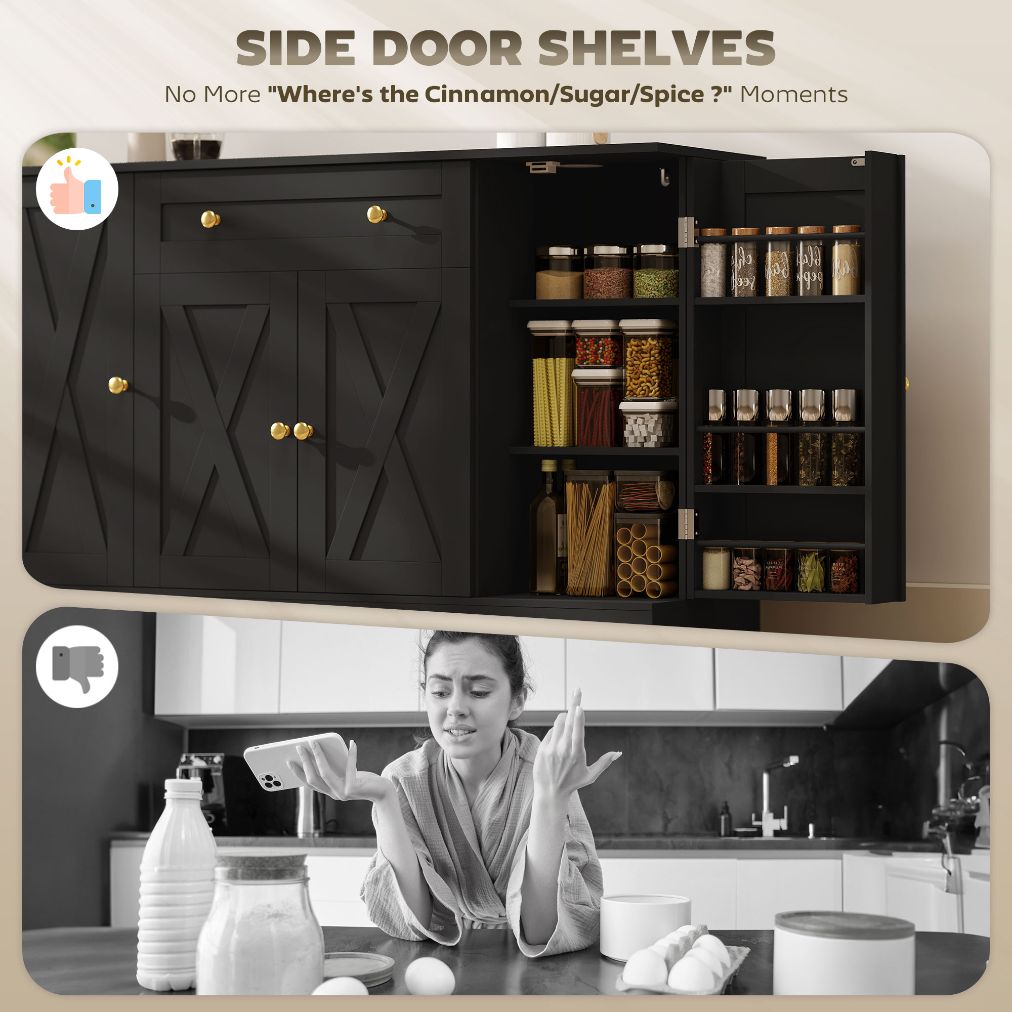 Sideboard Buffet Cabinet, Farmhouse Coffee Bar Cabinet with Door Shelves, Adjustable Shelves, Drawer, Barn Doors, Black - Image 3