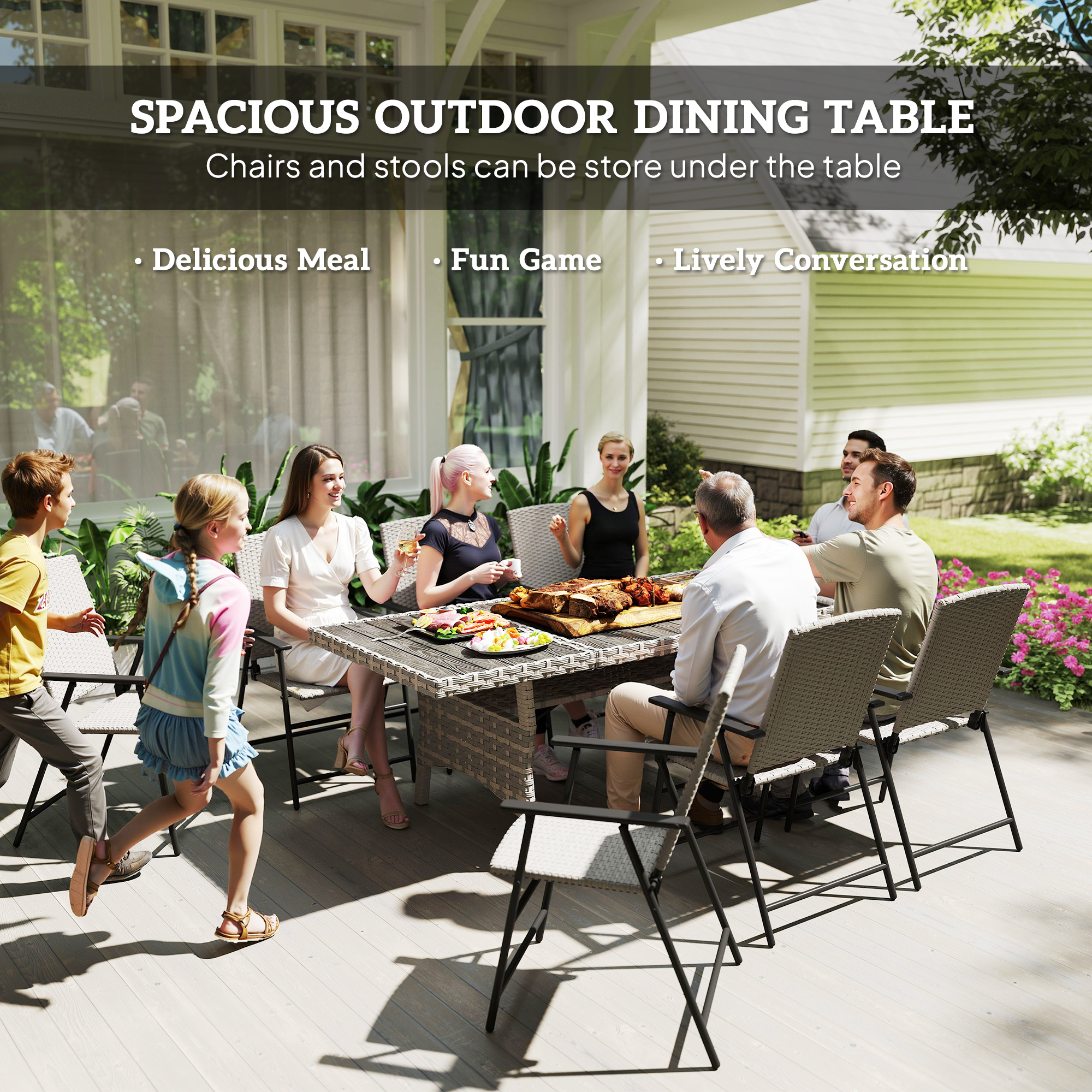 75" Outdoor Dining Table for 6-8, Wicker Patio Table with Storage Shelf and WPC Slatted Top for Balcony, Grey - Image 2